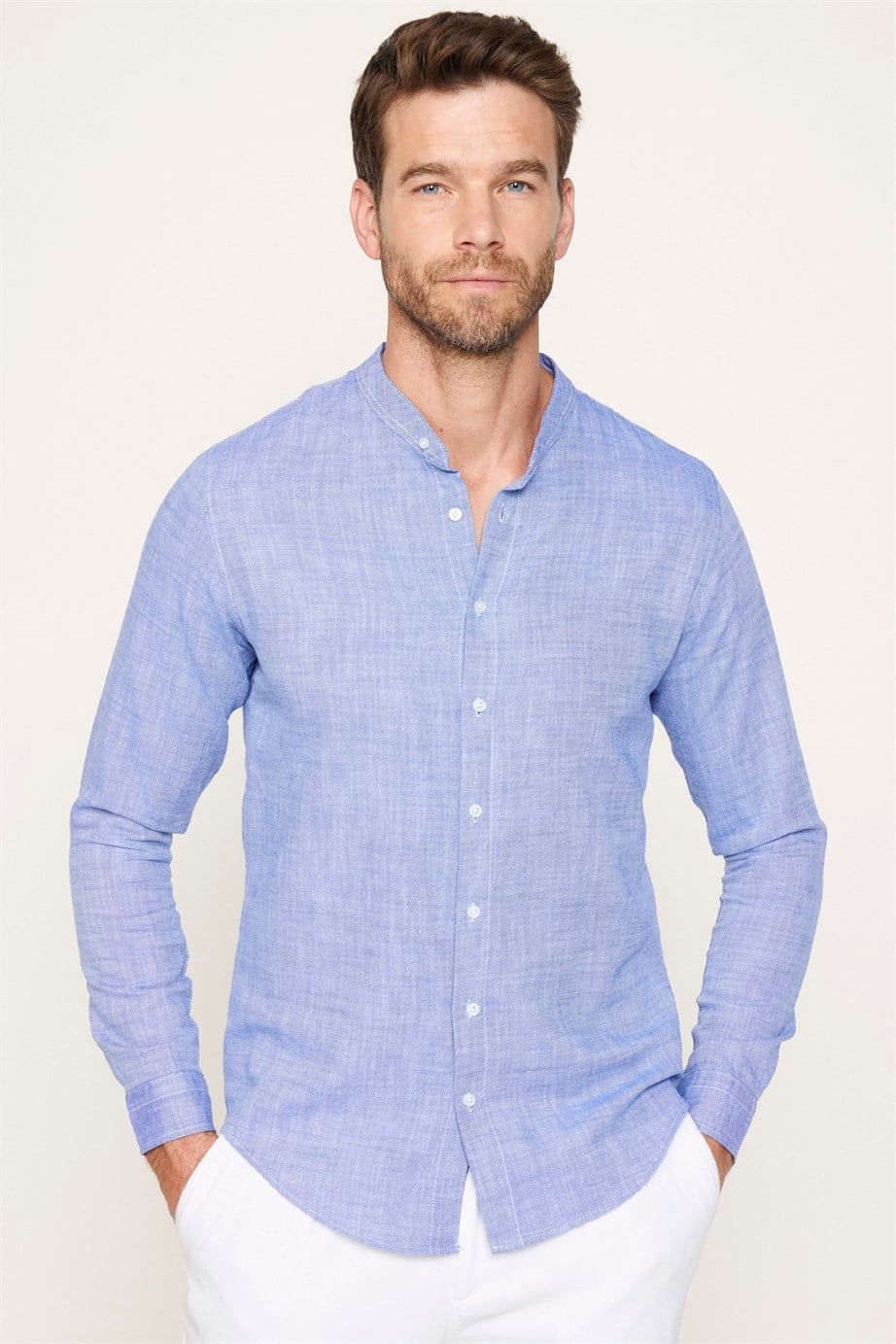 Slim Fit Hakim Yaka Pamuklu Keten Sax Mavi Erkek Gömlek