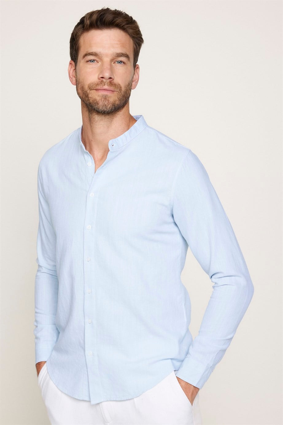 Slim Fit Hakim Yaka Pamuklu Keten Yeşil Erkek Gömlek