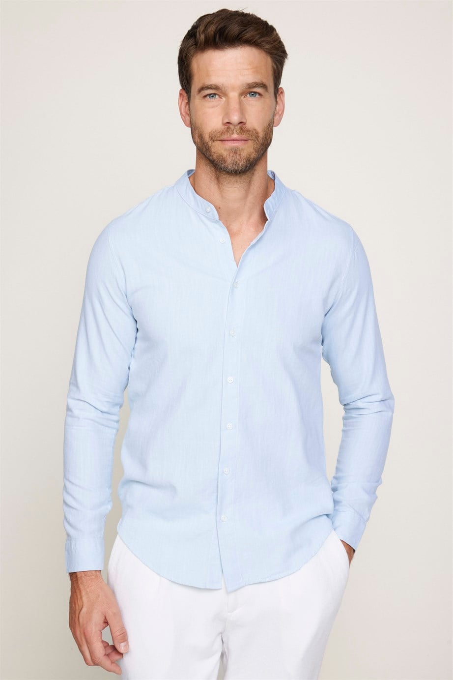 Slim Fit Hakim Yaka Pamuklu Keten Yeşil Erkek Gömlek