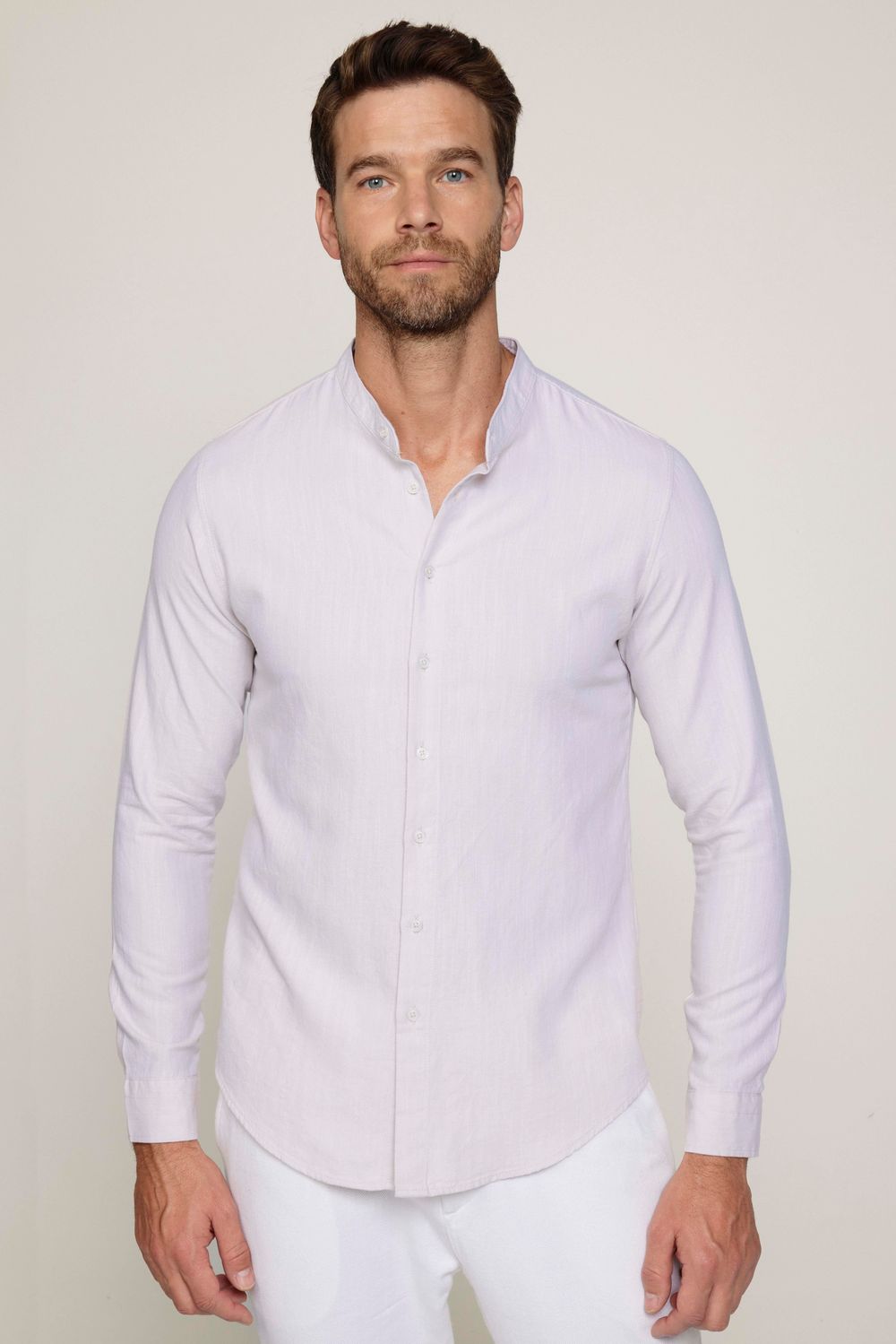 Slim Fit Hakim Yaka Pamuklu Keten Taş Rengi Erkek Gömlek