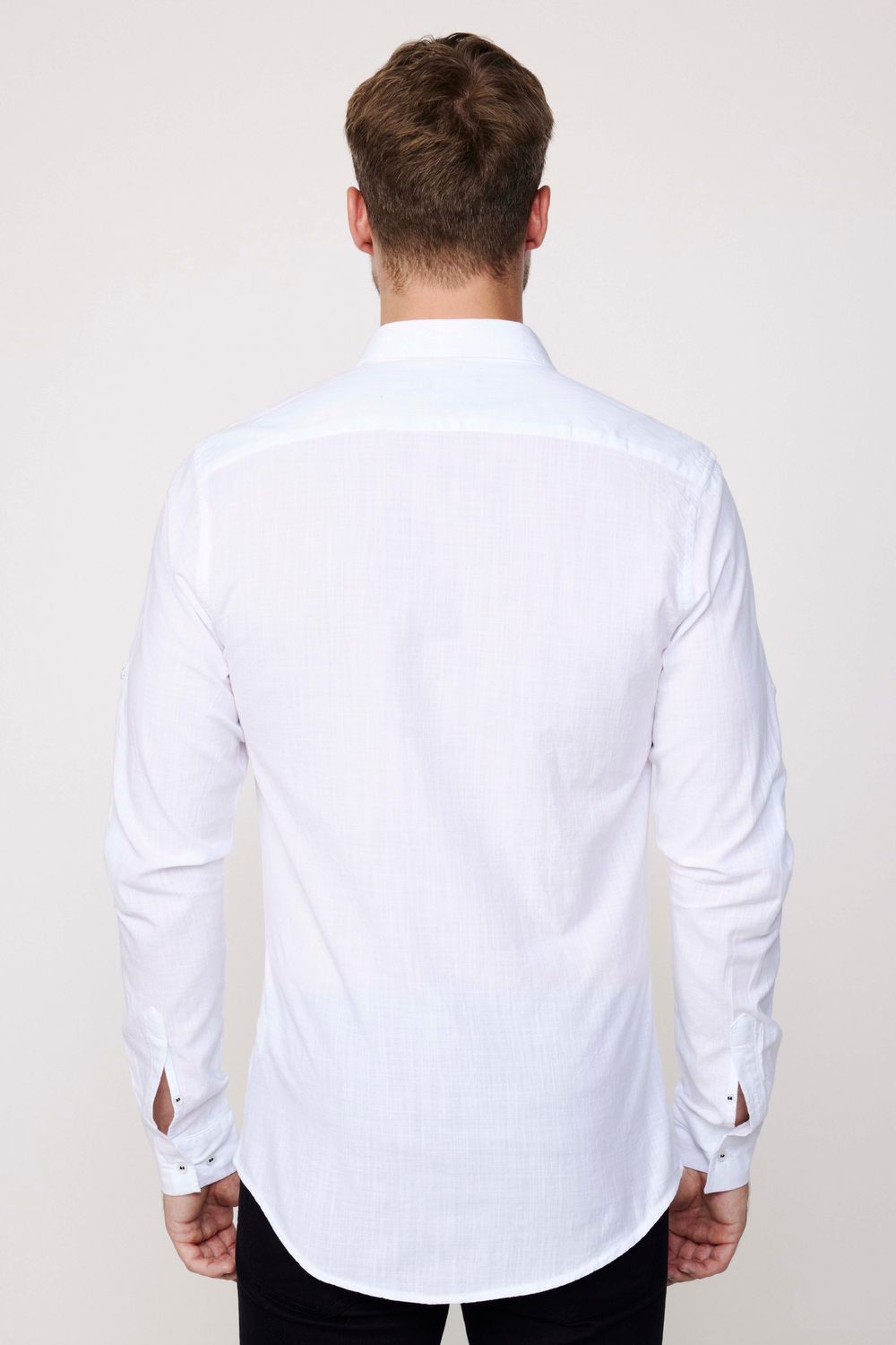 Slim Fit Uzun Kol Apoletli Keten Düz Beyaz  Erkek Gömlek