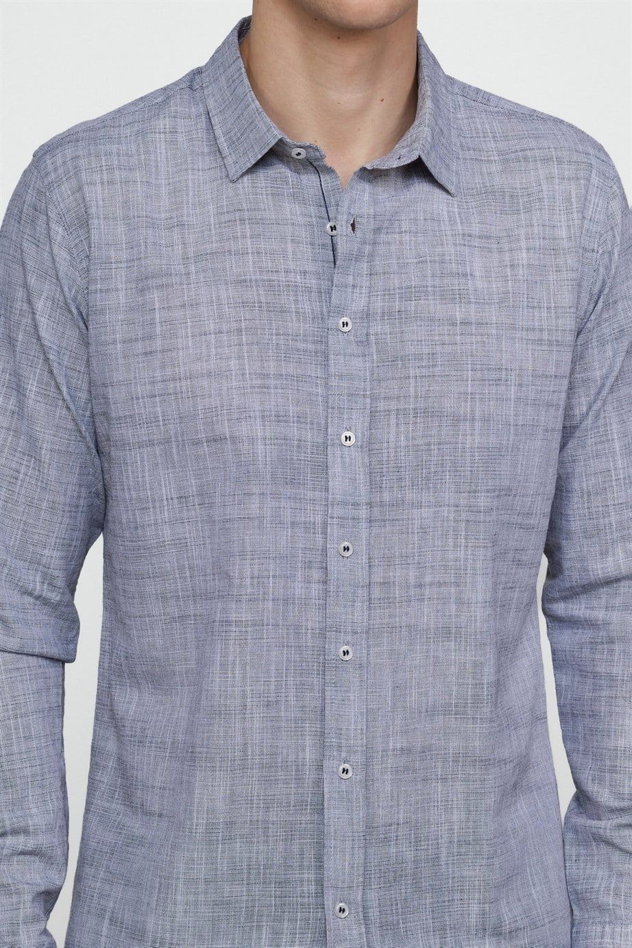Slim Fit Uzun Kol Apoletli Keten Düz Erkek Gömlek
