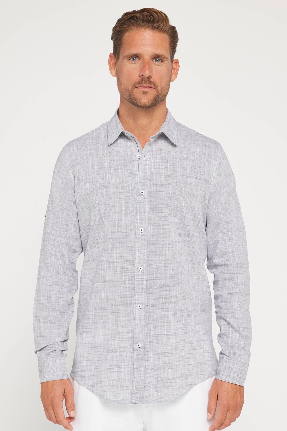 Erkek Slim Fit Dar Kesim Uzun Kollu %100 Pamuk Keten Doku Apoletli Lacivert Gömlek