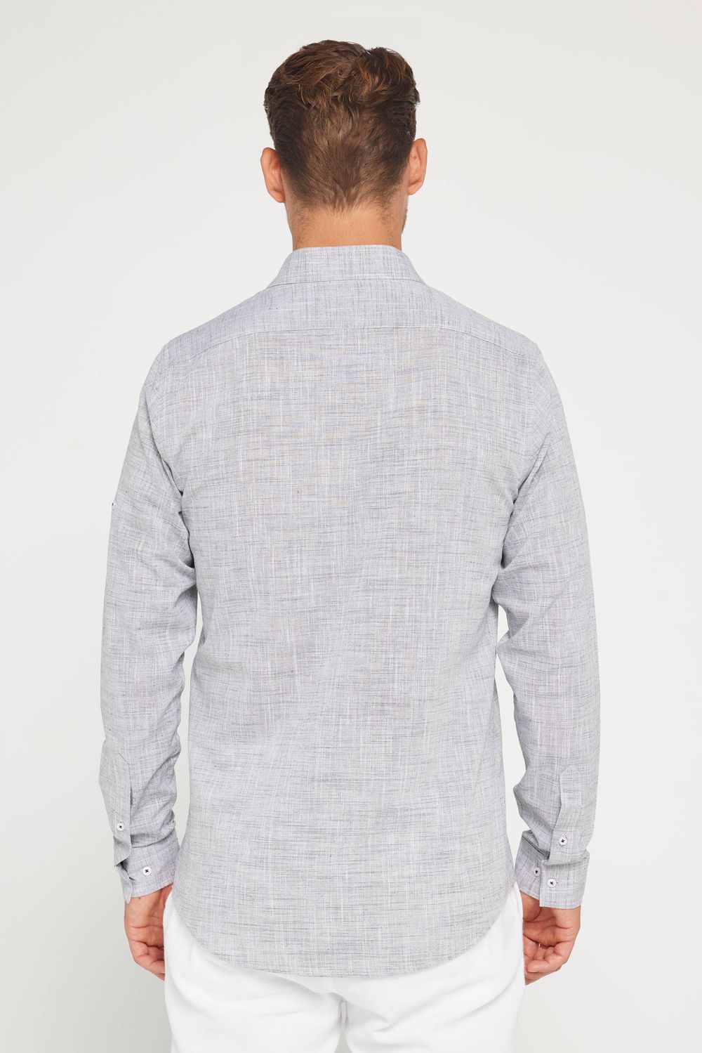 Erkek Slim Fit Dar Kesim Uzun Kollu %100 Pamuk Keten Doku Apoletli Lacivert Gömlek