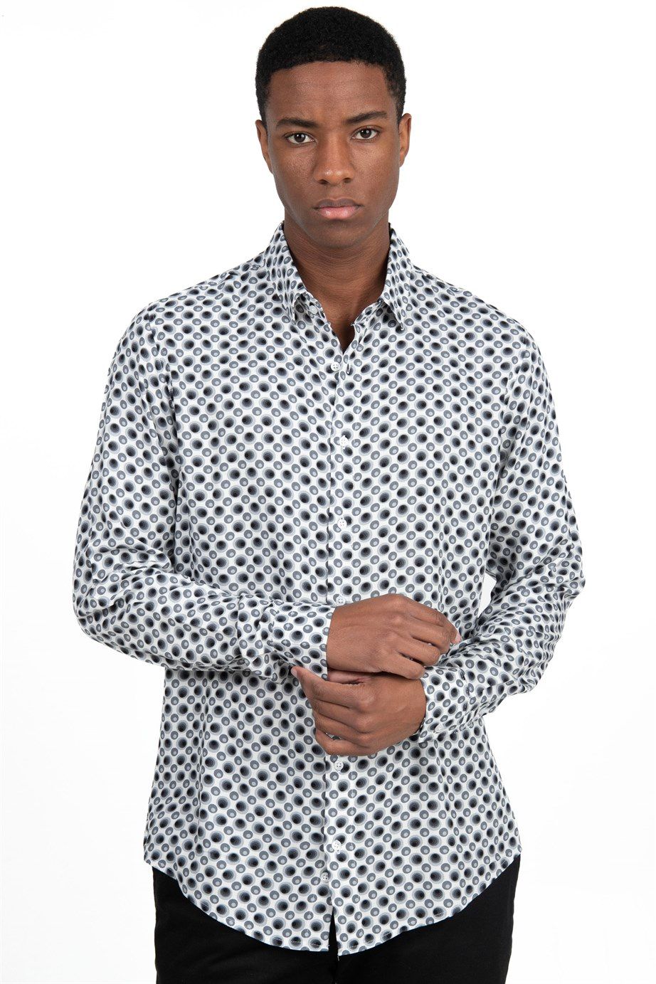 Slim Fit Dar Kesim Uzun Kol Baskılı Desen Viskon Tensel Spor Erkek Gömlek