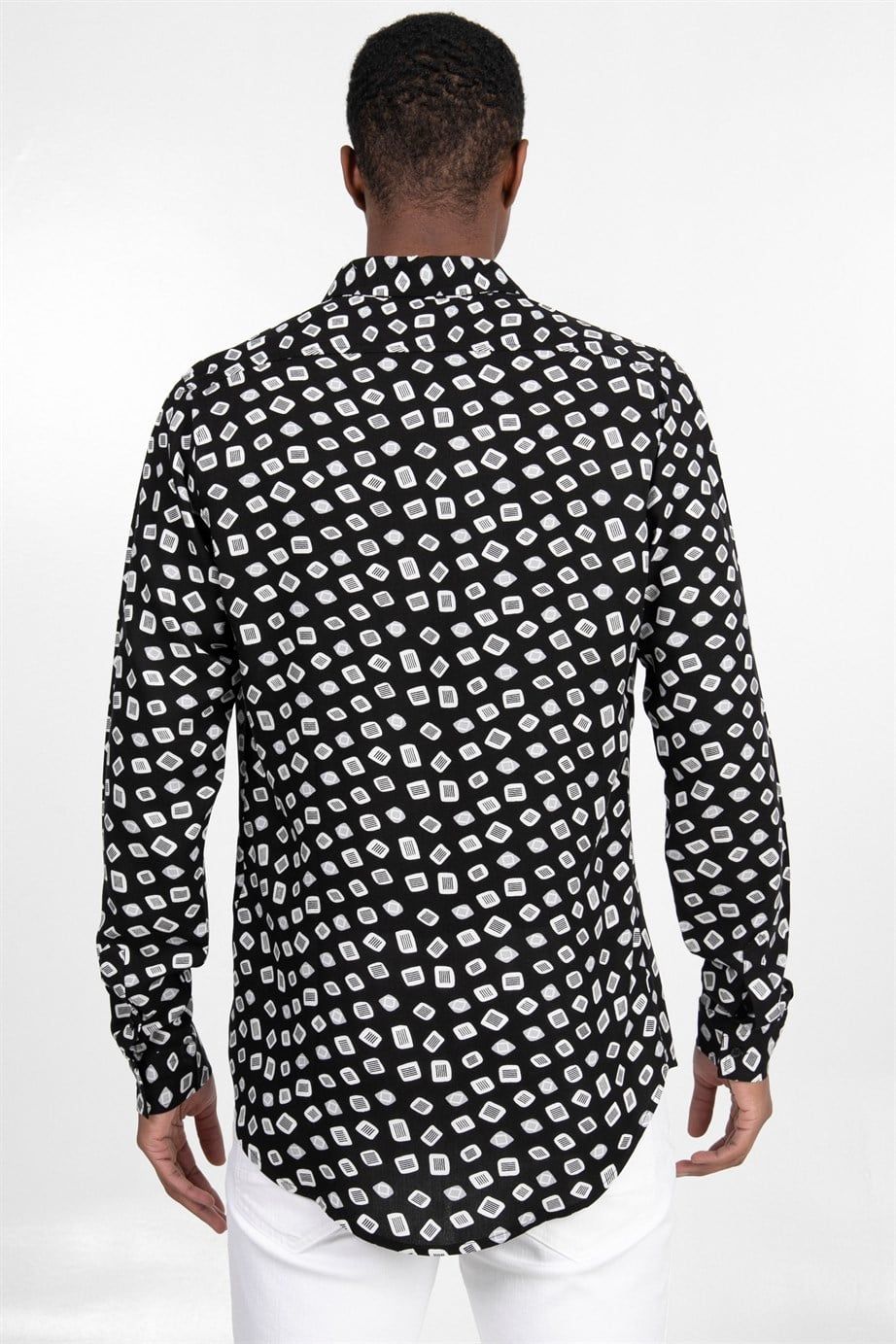 Slim Fit Dar Kesim Uzun Kol Baskılı Desen Viskon Tensel Spor Erkek Gömlek