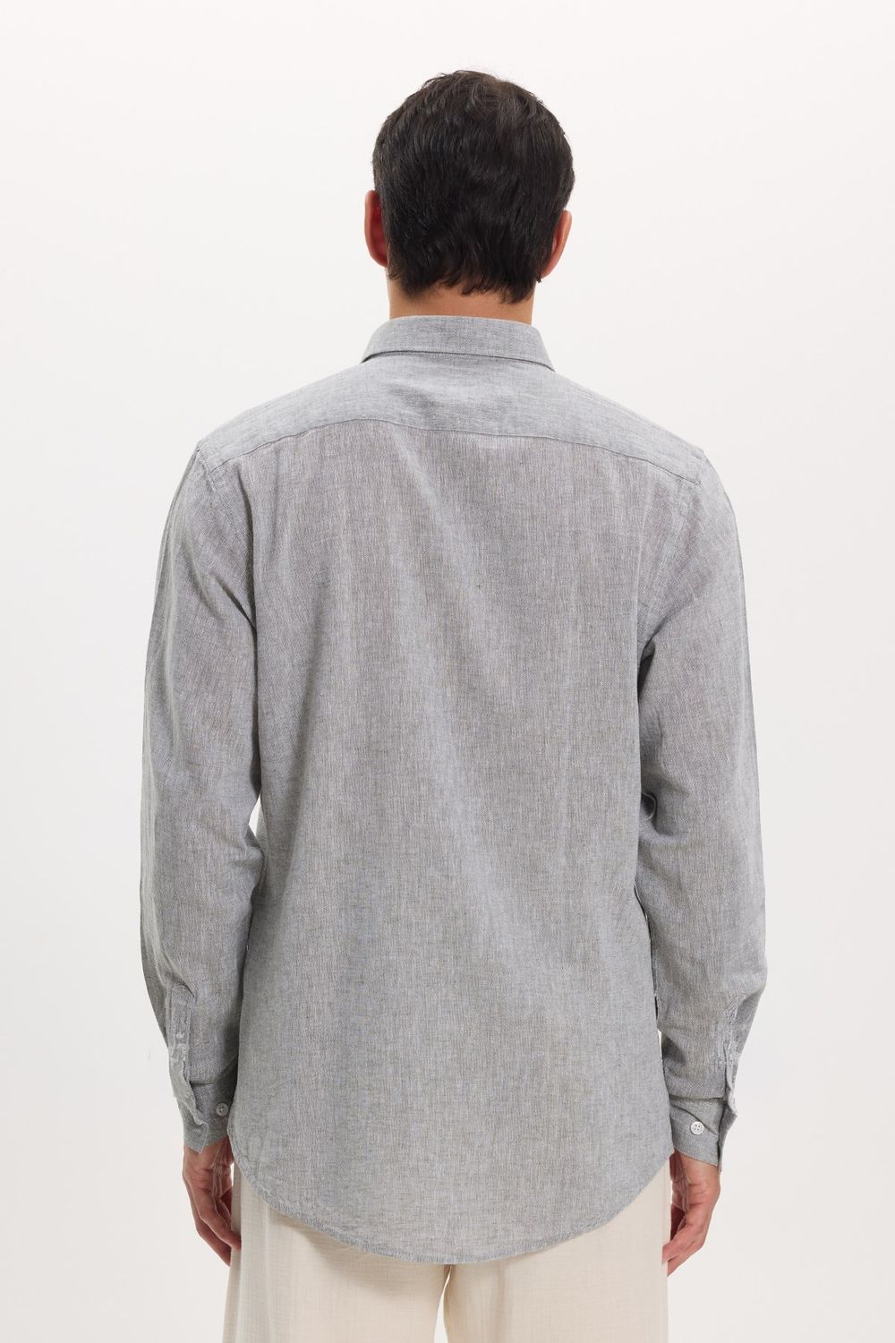 Erkek Slim Fit Dar Kesim Uzun Kollu Keten Premium Seri Düğmeli Yaka Spor Haki Gömlek