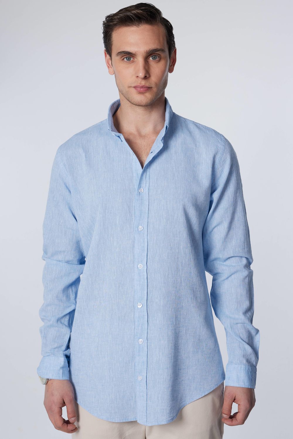 Slim Fit Uzun Kol Keten Premium Seri Düğmeli Yaka Spor Mavi Gömlek