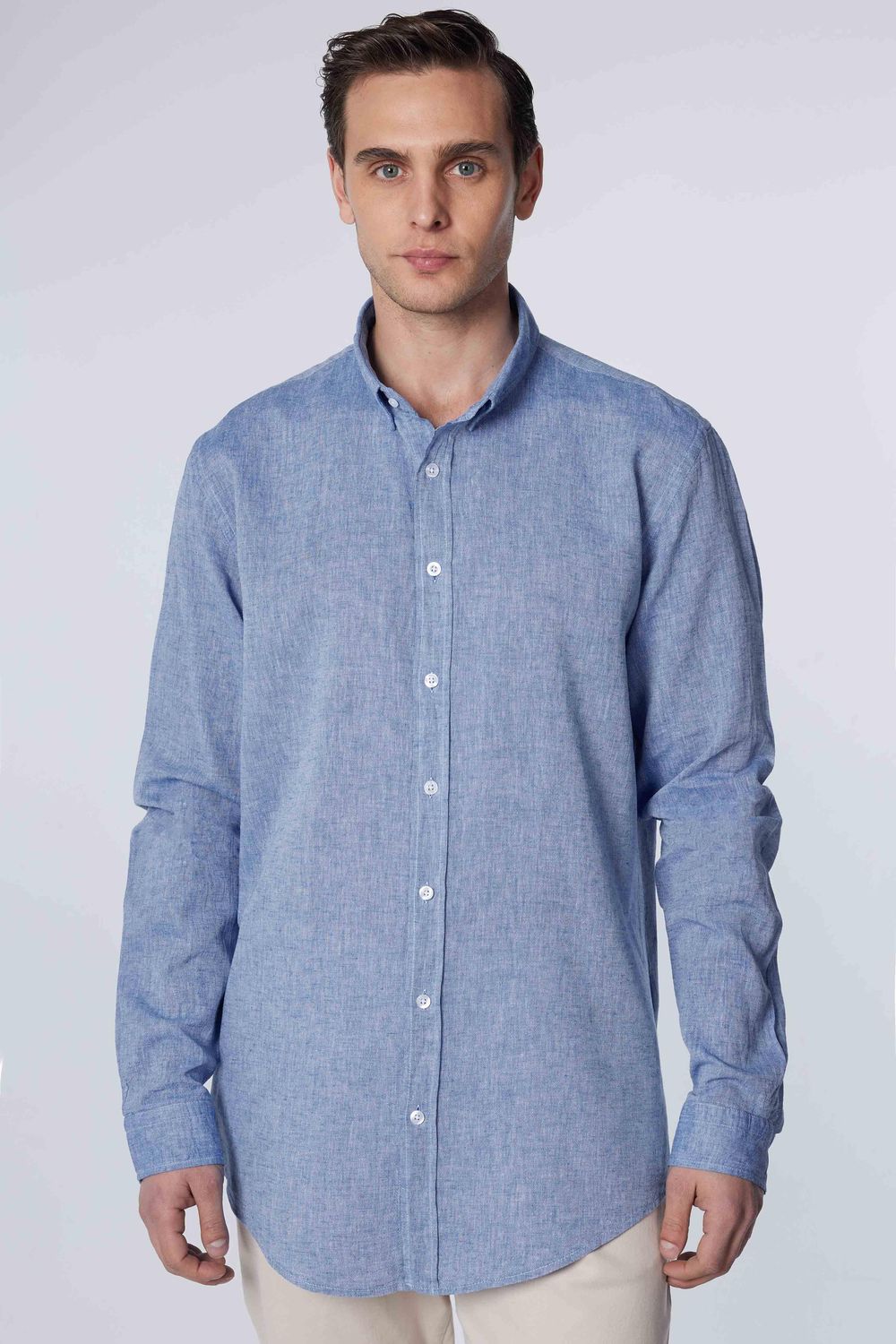 Slim Fit Uzun Kol Keten Premium Seri Düğmeli Yaka Spor Mavi Gömlek