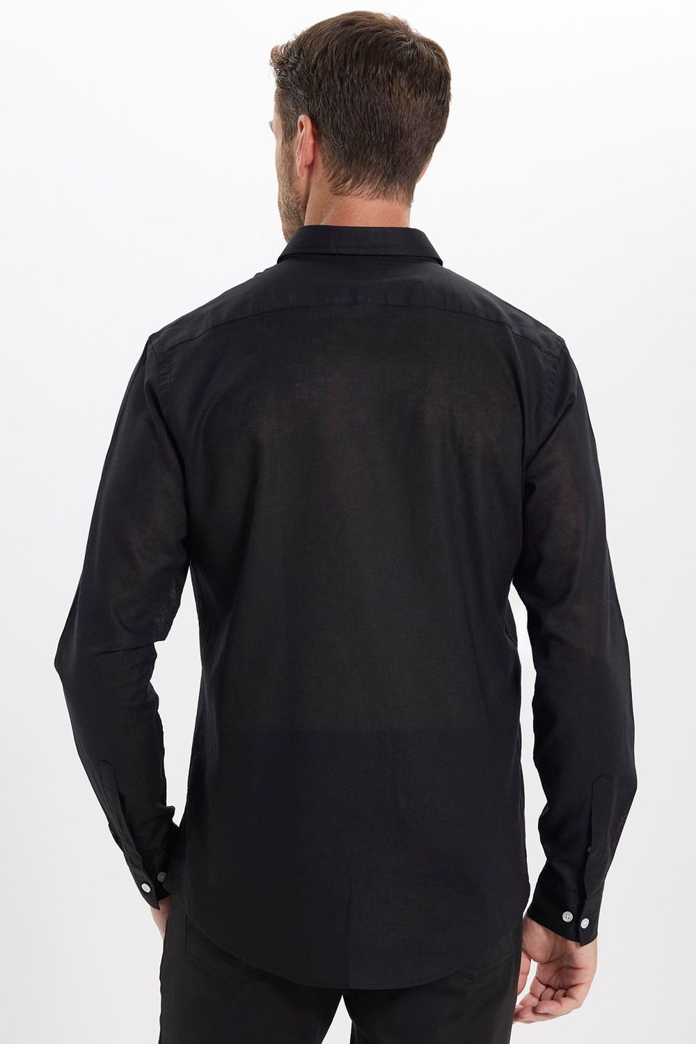 Erkek Slim Fit Dar Kesim Uzun Kollu Keten Premium Seri Düğmeli Yaka Spor Siyah Gömlek