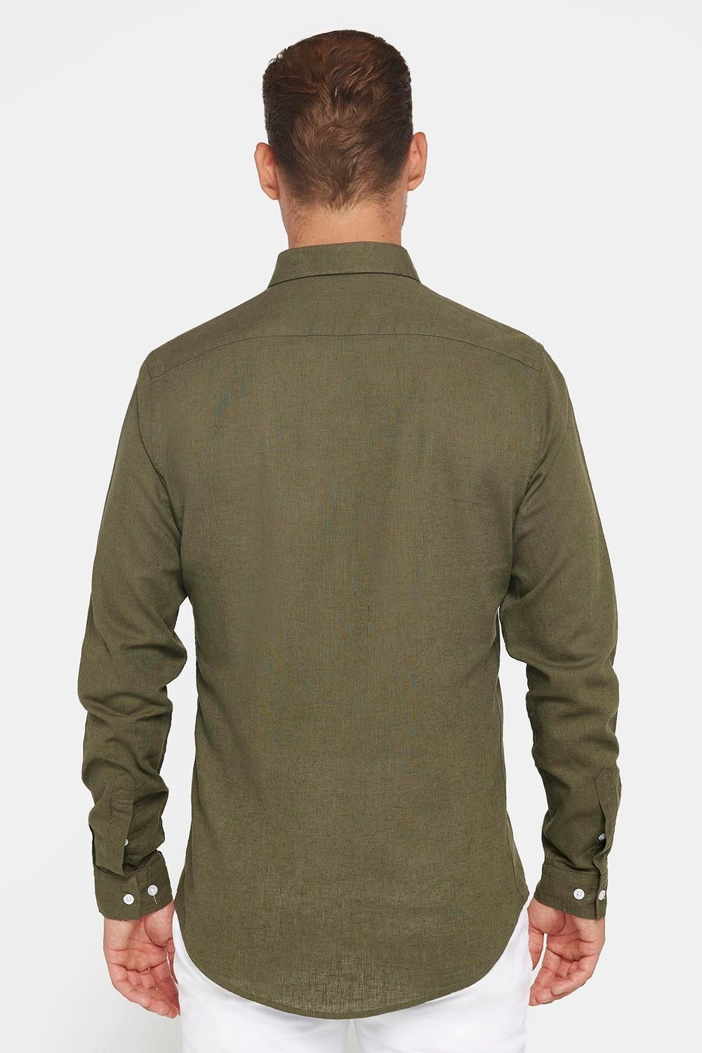Erkek Slim Fit Dar Kesim Uzun Kollu Keten Premium Seri Düğmeli Yaka Spor Haki Gömlek