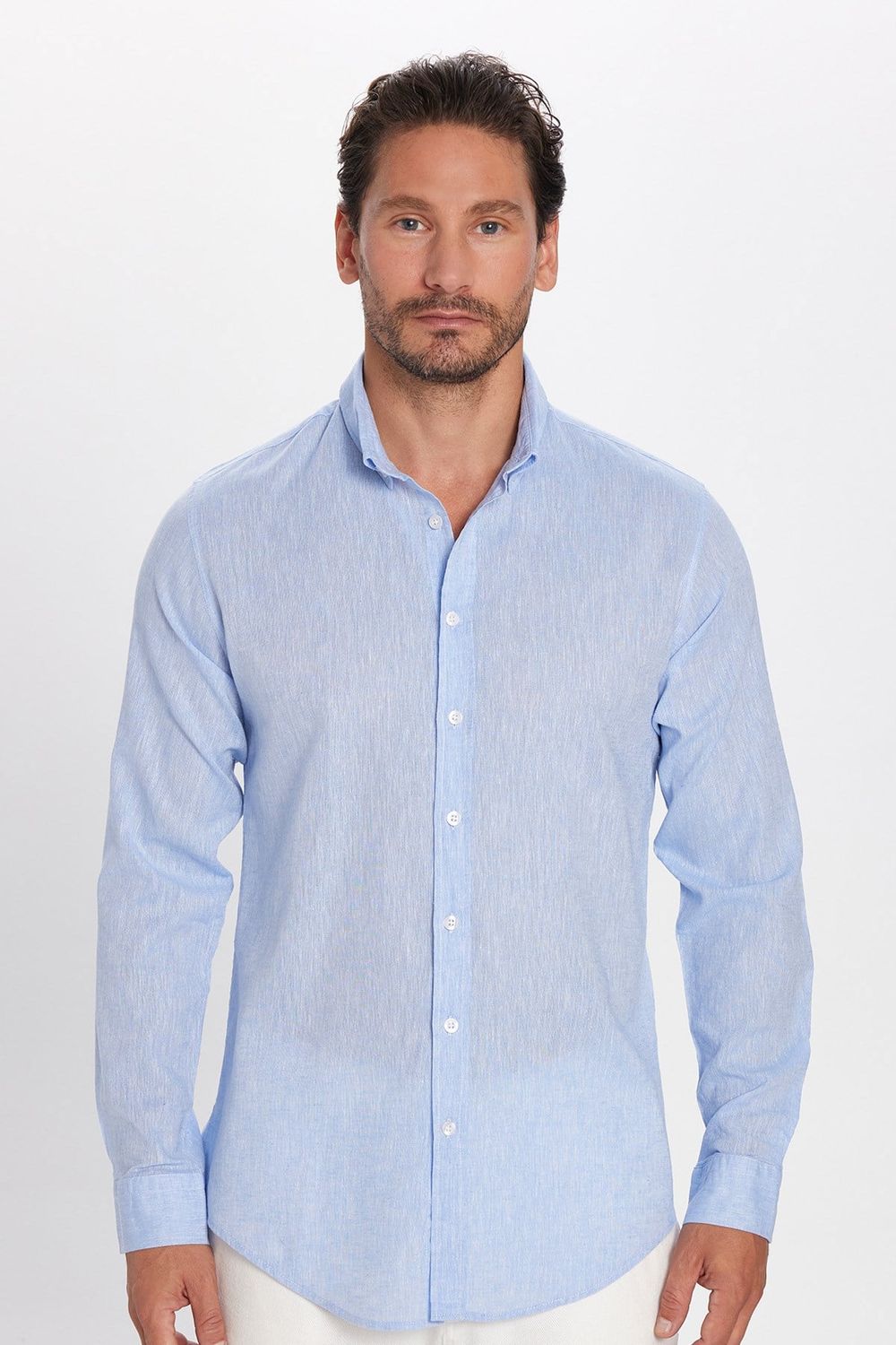 Erkek Slim Fit Dar Kesim Uzun Kollu Keten Premium Seri Düğmeli Yaka Spor Mavi Gömlek