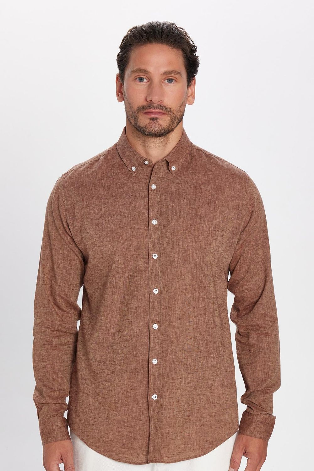Slim Fit Dar Kesim Keten Efekt Premium Seri Düğmeli Yaka Düz Erkek Gömlek
