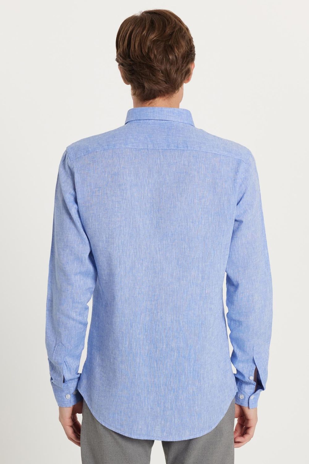 Erkek Slim Fit Dar Kesim Uzun Kollu Keten Premium Seri Düğmeli Yaka Spor Mavi Gömlek