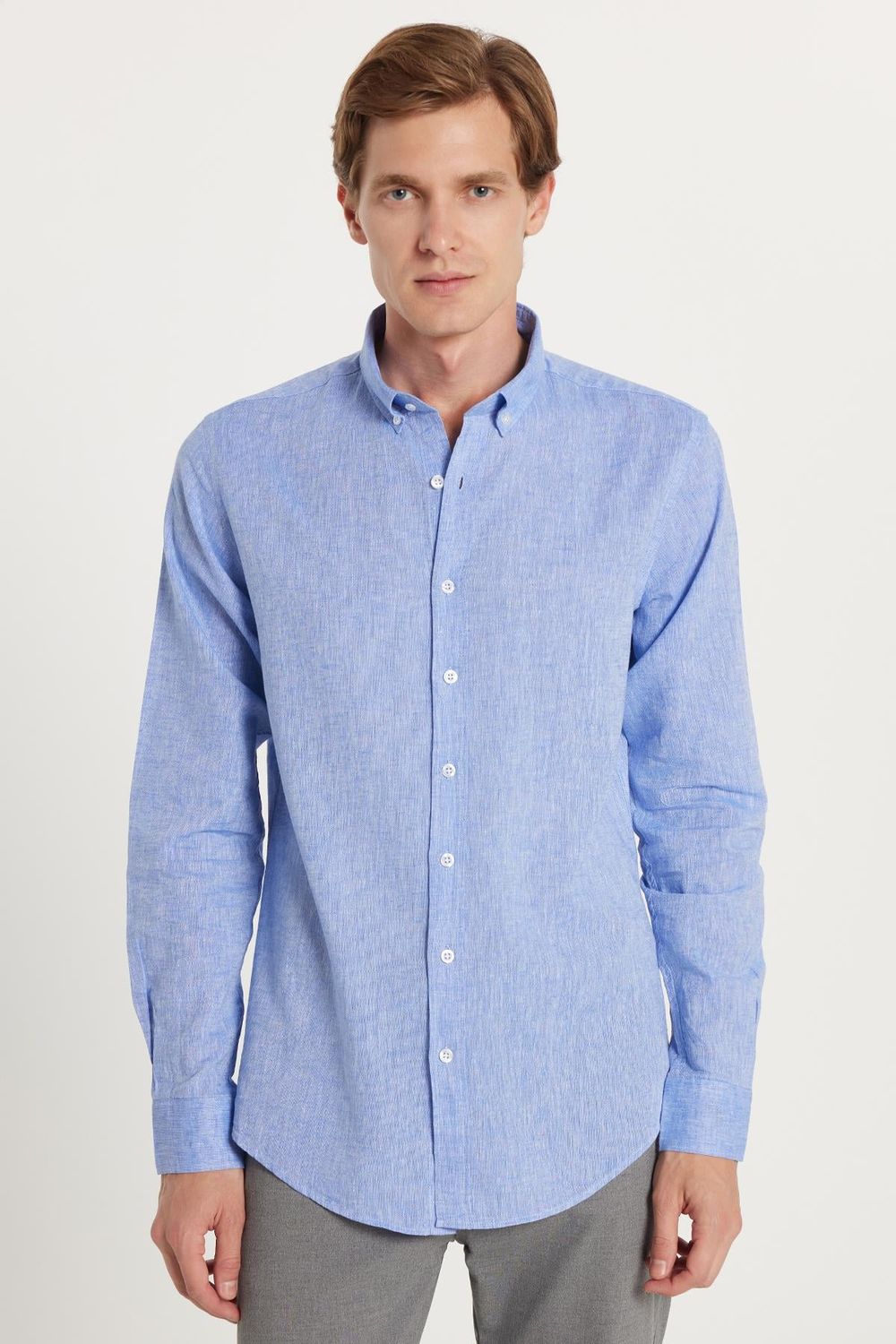 Erkek Slim Fit Dar Kesim Uzun Kollu Keten Premium Seri Düğmeli Yaka Spor Mavi Gömlek