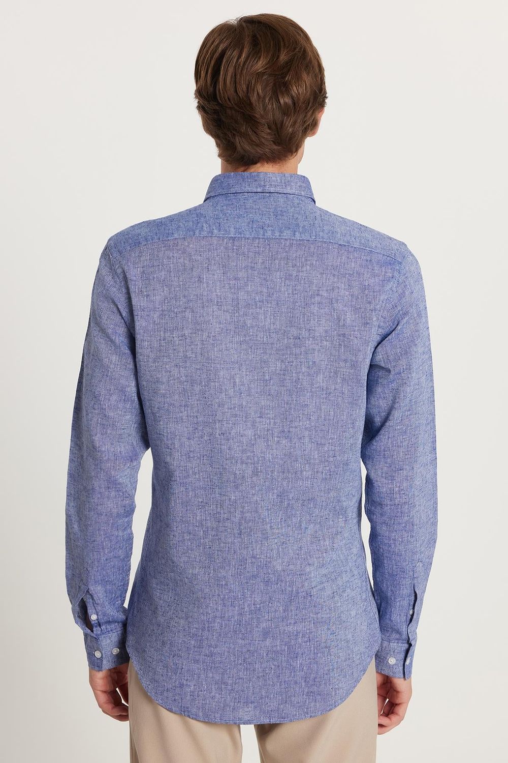 Erkek Slim Fit Dar Kesim Uzun Kollu Keten Premium Seri Düğmeli Yaka Spor Lacivert Gömlek