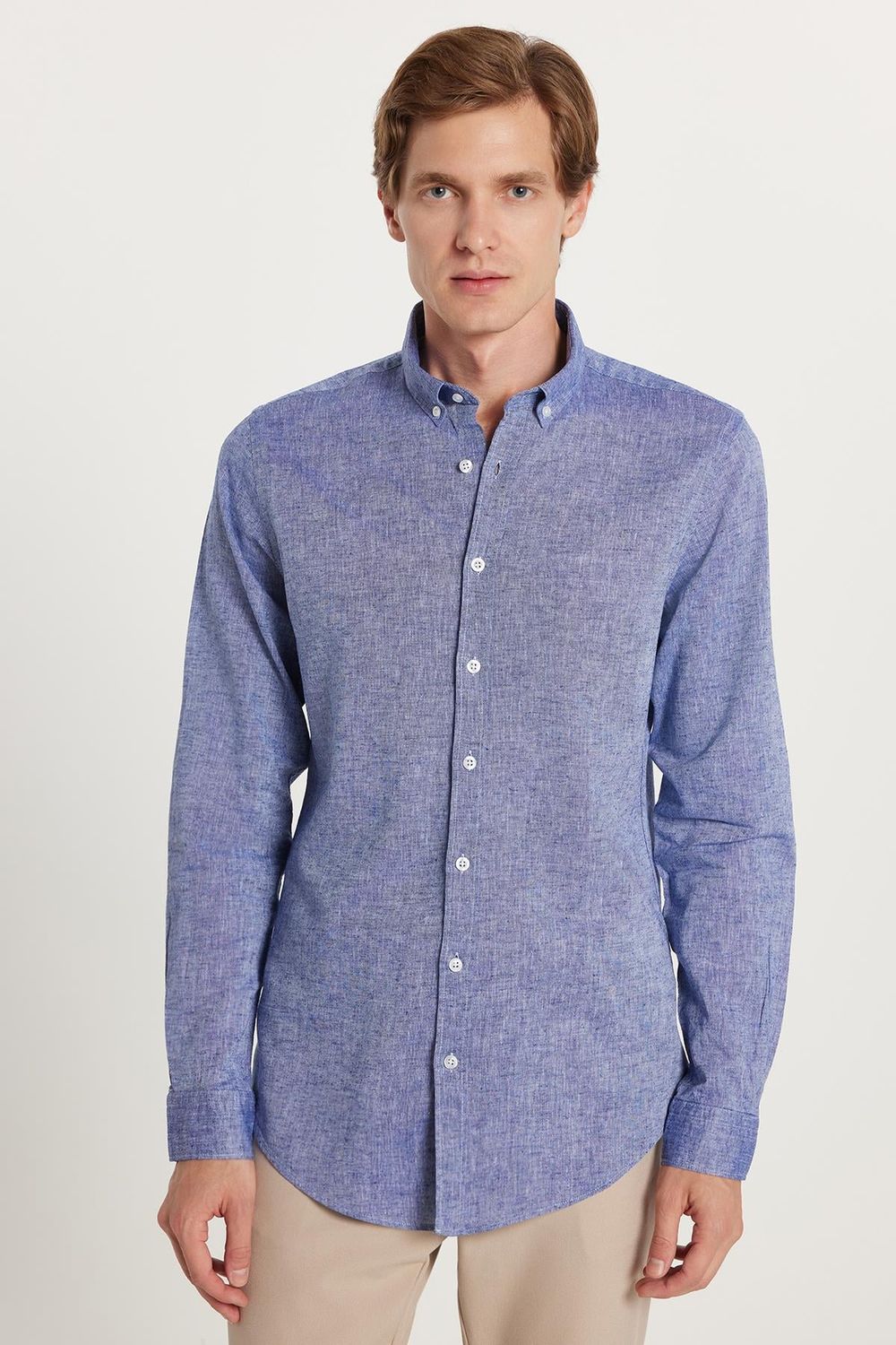 Erkek Slim Fit Dar Kesim Uzun Kollu Keten Premium Seri Düğmeli Yaka Spor Lacivert Gömlek