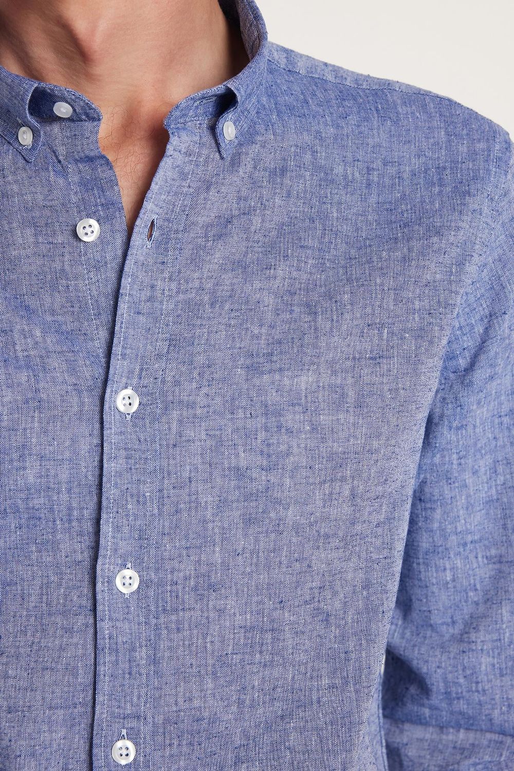 Erkek Slim Fit Dar Kesim Uzun Kollu Keten Premium Seri Düğmeli Yaka Spor Lacivert Gömlek