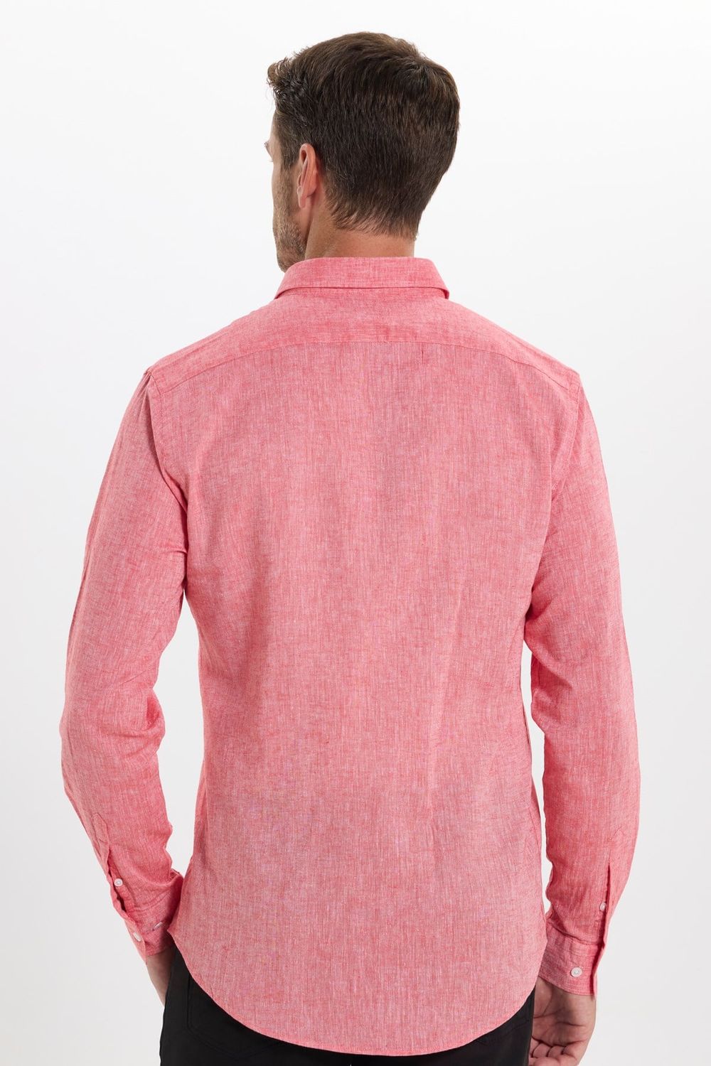 Erkek Slim Fit Dar Kesim Uzun Kollu Keten Premium Seri Düğmeli Yaka Spor Nar Rengi Gömlek