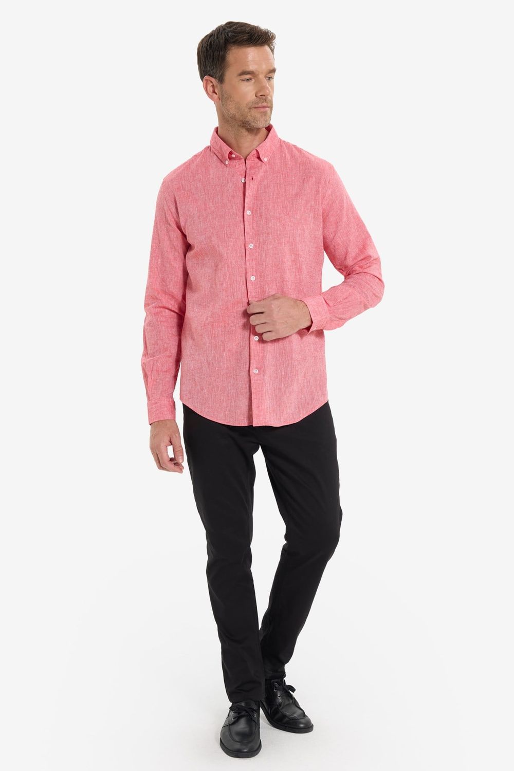 Erkek Slim Fit Dar Kesim Uzun Kollu Keten Premium Seri Düğmeli Yaka Spor Nar Rengi Gömlek