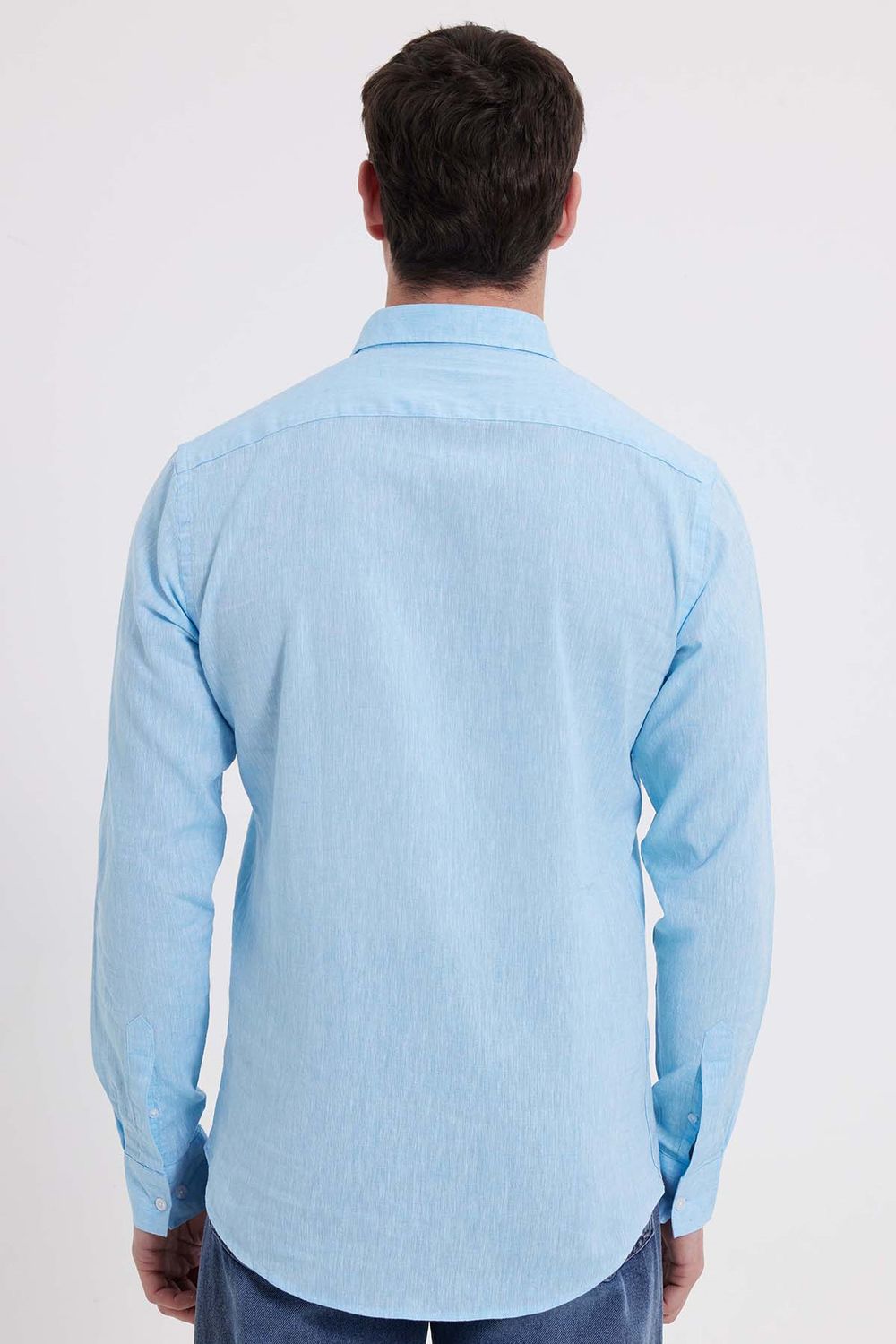 Erkek Slim Fit Dar Kesim Uzun Kollu Keten Premium Seri Düğmeli Yaka Spor Açık Mavi Gömlek