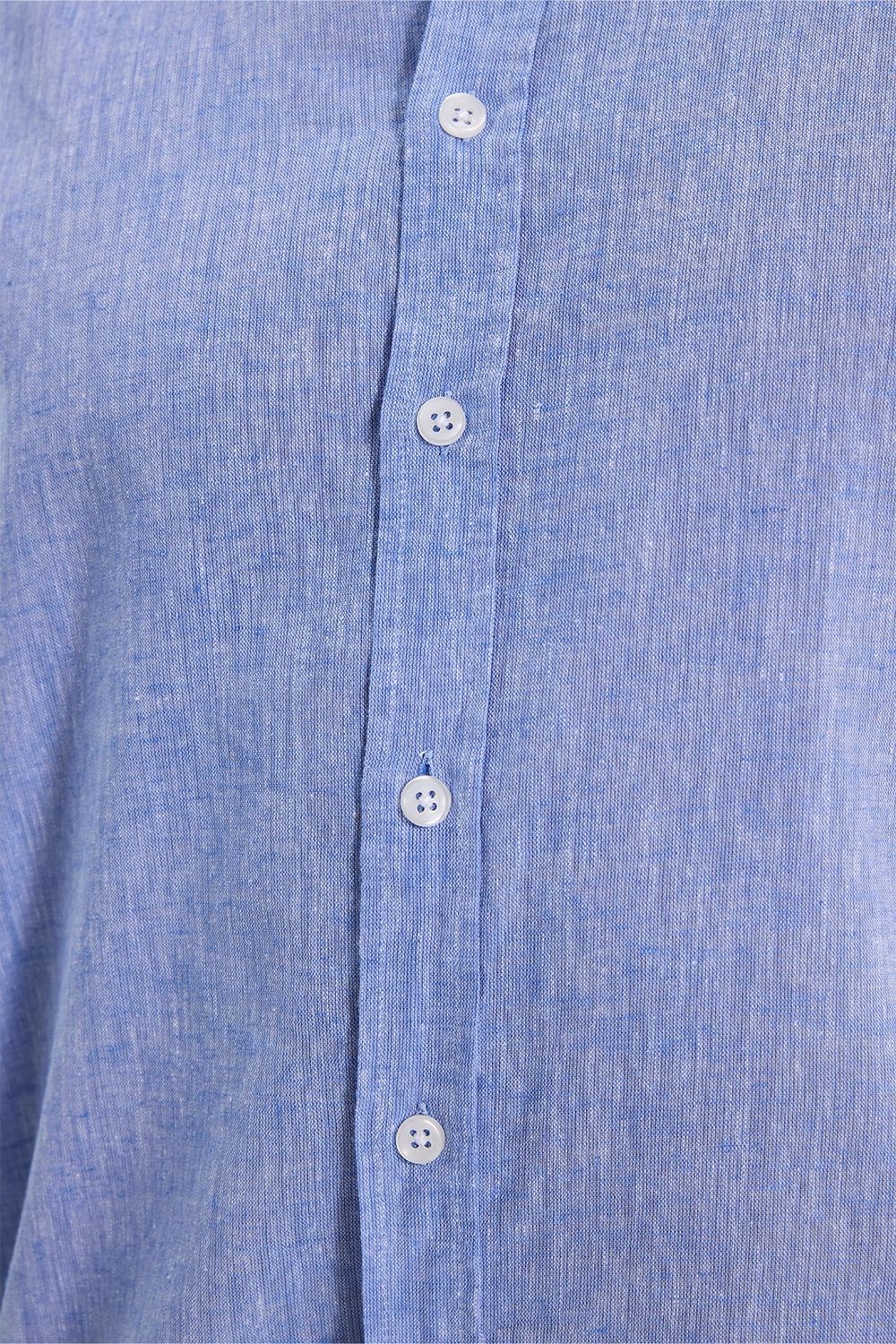 Erkek Slim Fit Dar Kesim Uzun Kollu Keten Premium Seri Düğmeli Yaka Spor Mavi Gömlek