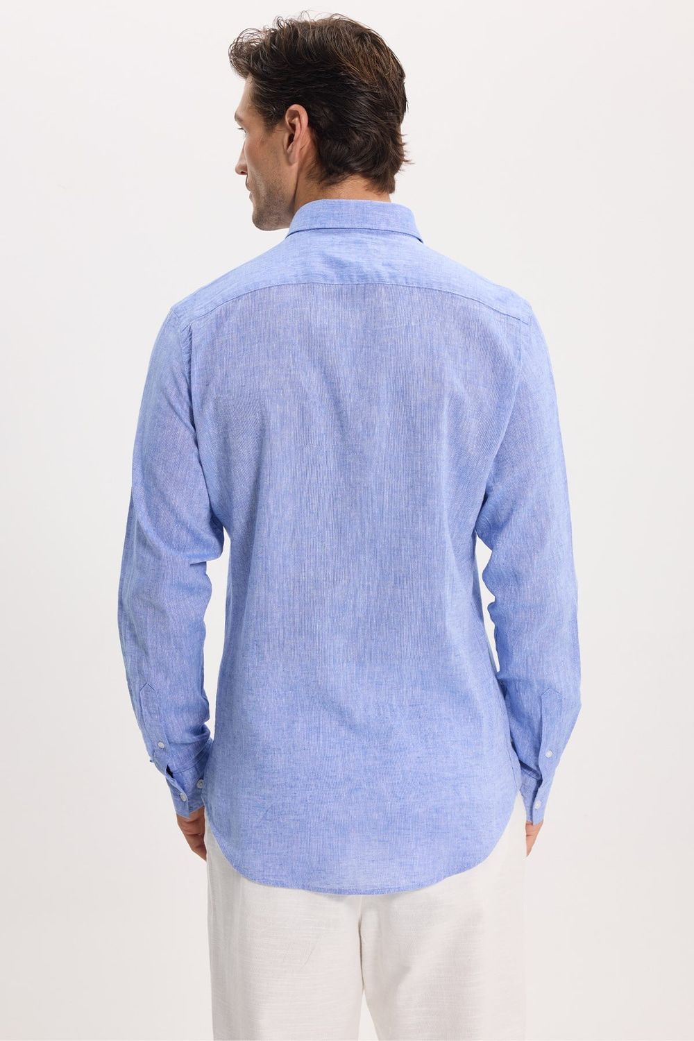 Erkek Slim Fit Dar Kesim Uzun Kollu Keten Premium Seri Düğmeli Yaka Spor Mavi Gömlek