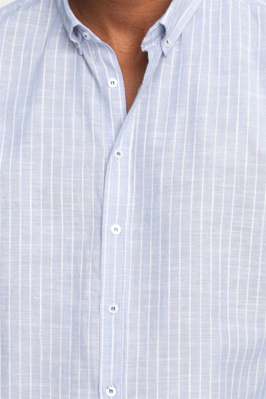 Slim Fit Uzun Kol Çizgili Keten Düğmeli Yaka Spor Erkek Gömlek