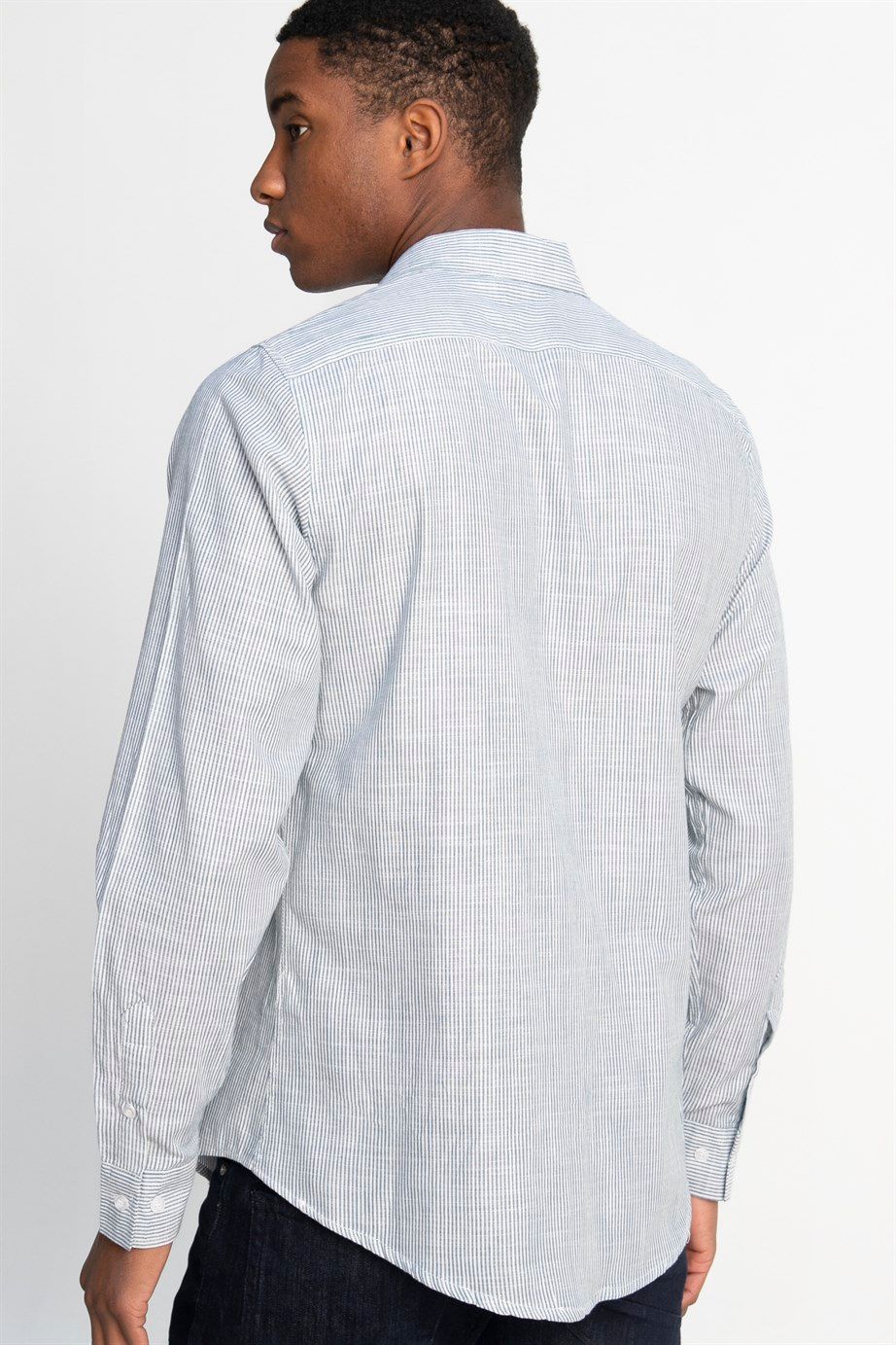 Slim Fit Uzun Kol Çizgili Yaka İçi Biyeli Ketenli Erkek Gömlek