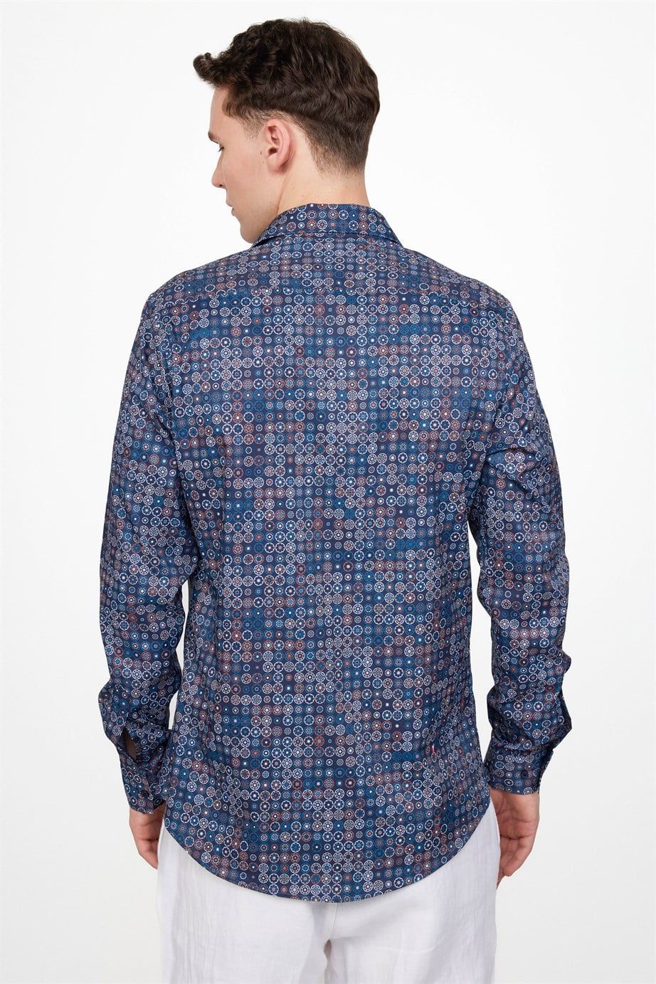 Slim Fit Dar Kesim Uzun Kol Likralı Baskılı Yüksek Yaka Erkek Gömlek