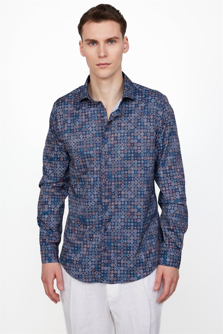 Slim Fit Dar Kesim Uzun Kol Likralı Baskılı Yüksek Yaka Erkek Gömlek