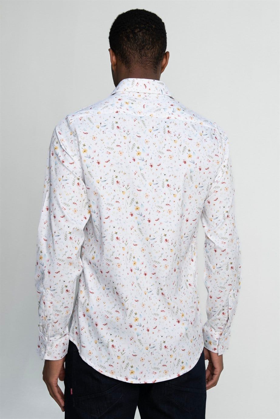 Slim Fit Dar Kesim Uzun Kol Likralı Baskılı Yüksek Yaka Erkek Gömlek