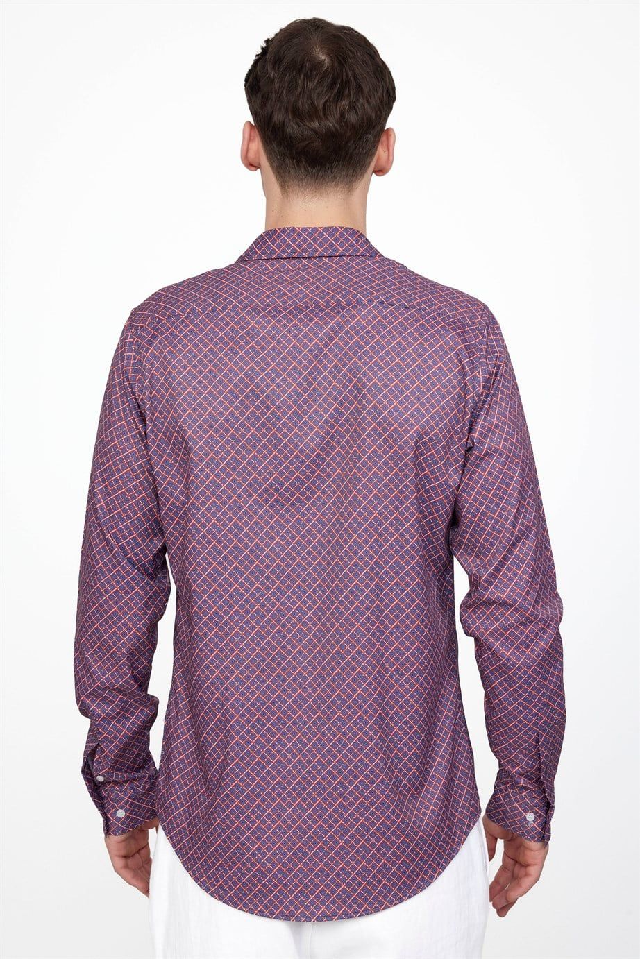 Slim Fit Dar Kesim Uzun Kol Likralı Baskılı Erkek Gömlek