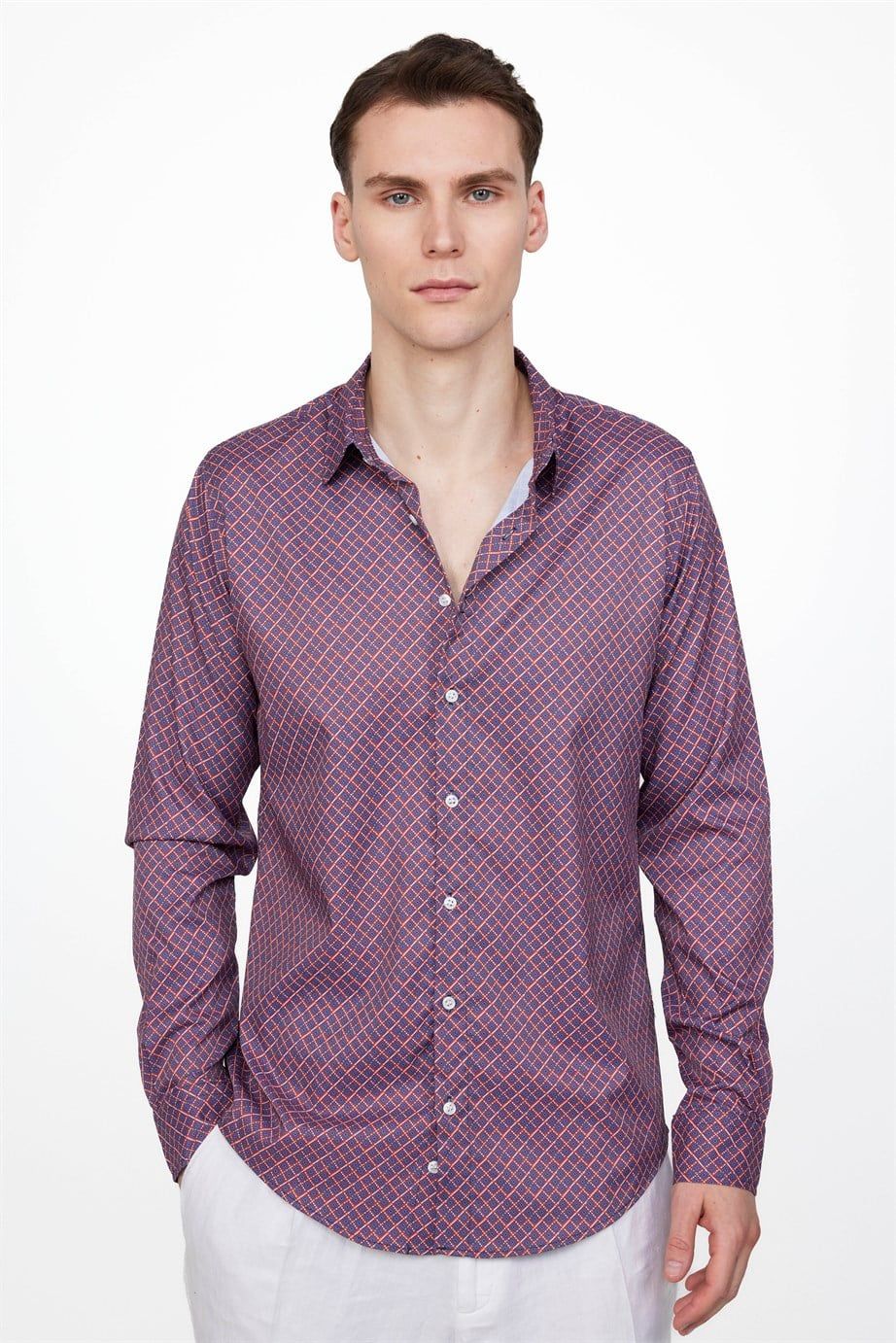 Slim Fit Dar Kesim Uzun Kol Likralı Baskılı Erkek Gömlek
