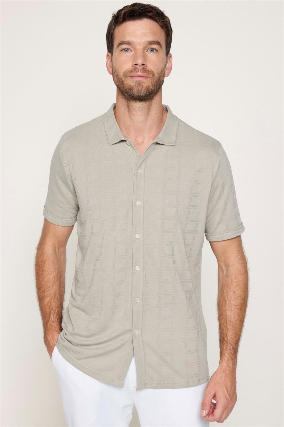 Erkek Slim Fit Kısa Kollu Desenli  Örme Taş Rengi Gömlek