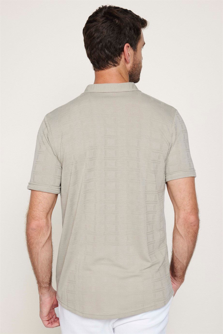Erkek Slim Fit Kısa Kollu Desenli  Örme Taş Rengi Gömlek