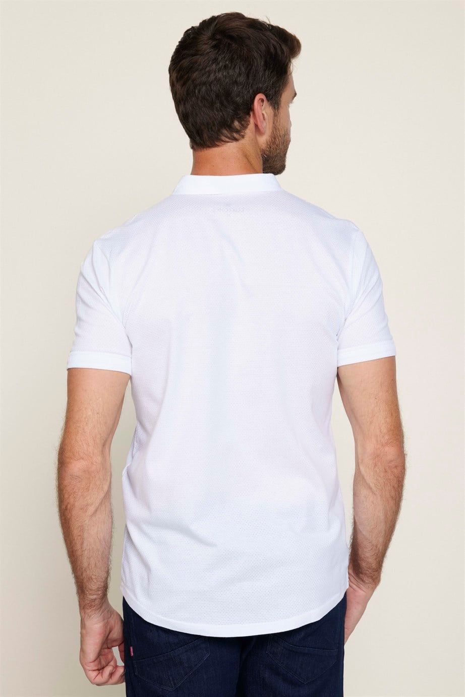 Erkek Slim Fit Kısa Kollu Desenli Apaj Yaka Örme Beyaz Gömlek