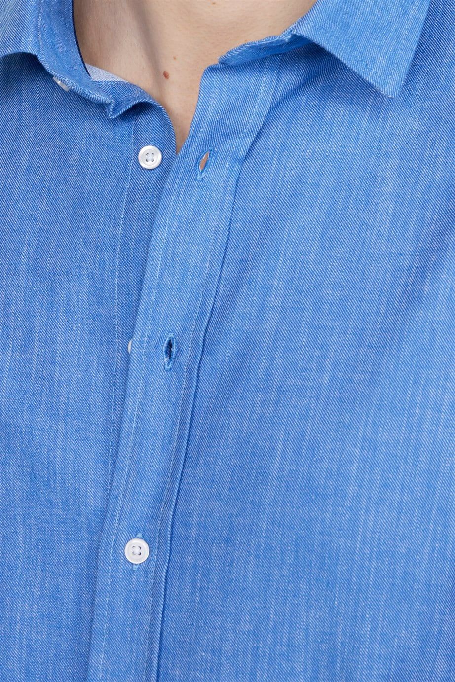 Slim Fit Uzun Kol Keten Efekt Düz Biyeli Gömlek