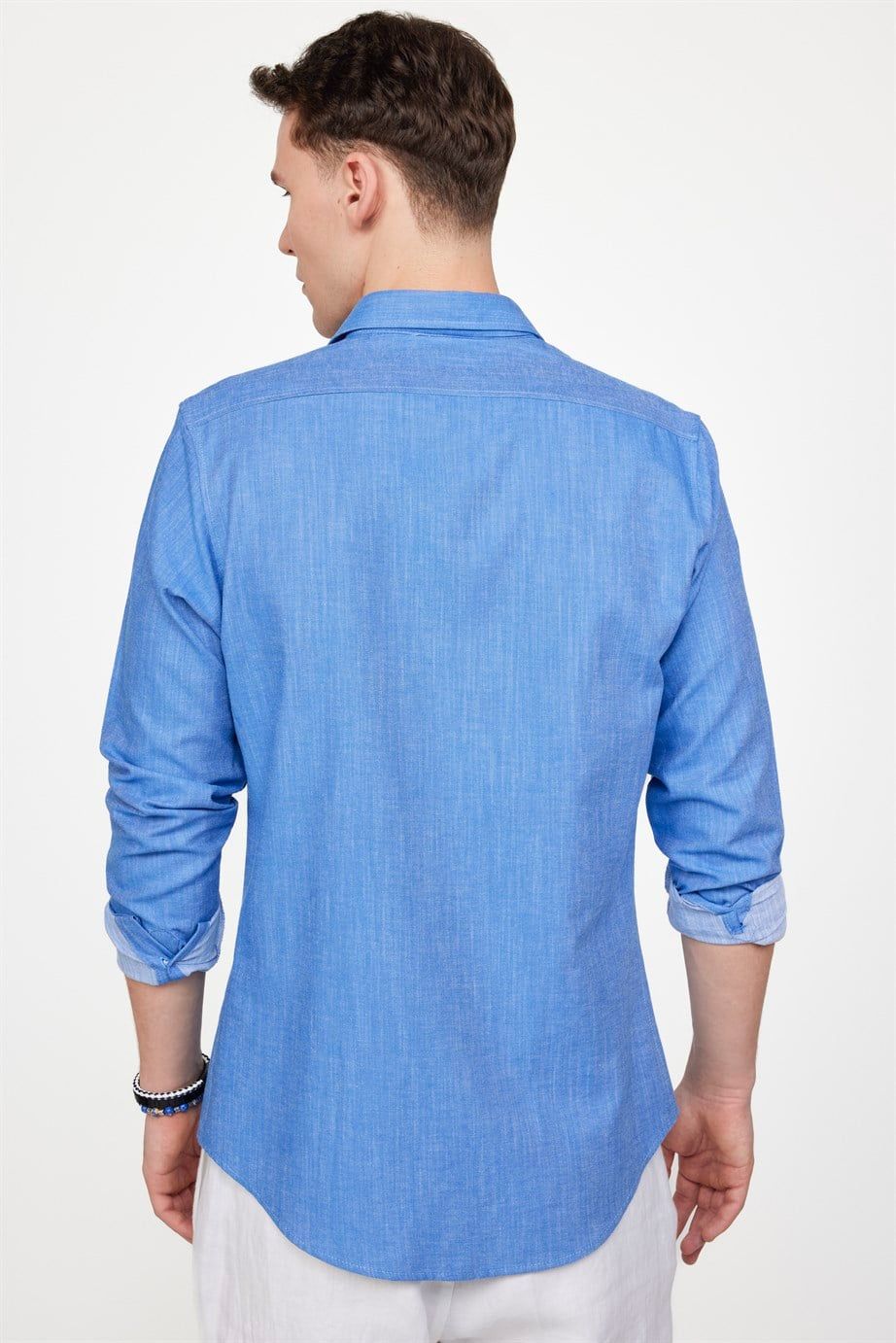 Slim Fit Uzun Kol Keten Efekt Düz Biyeli Gömlek