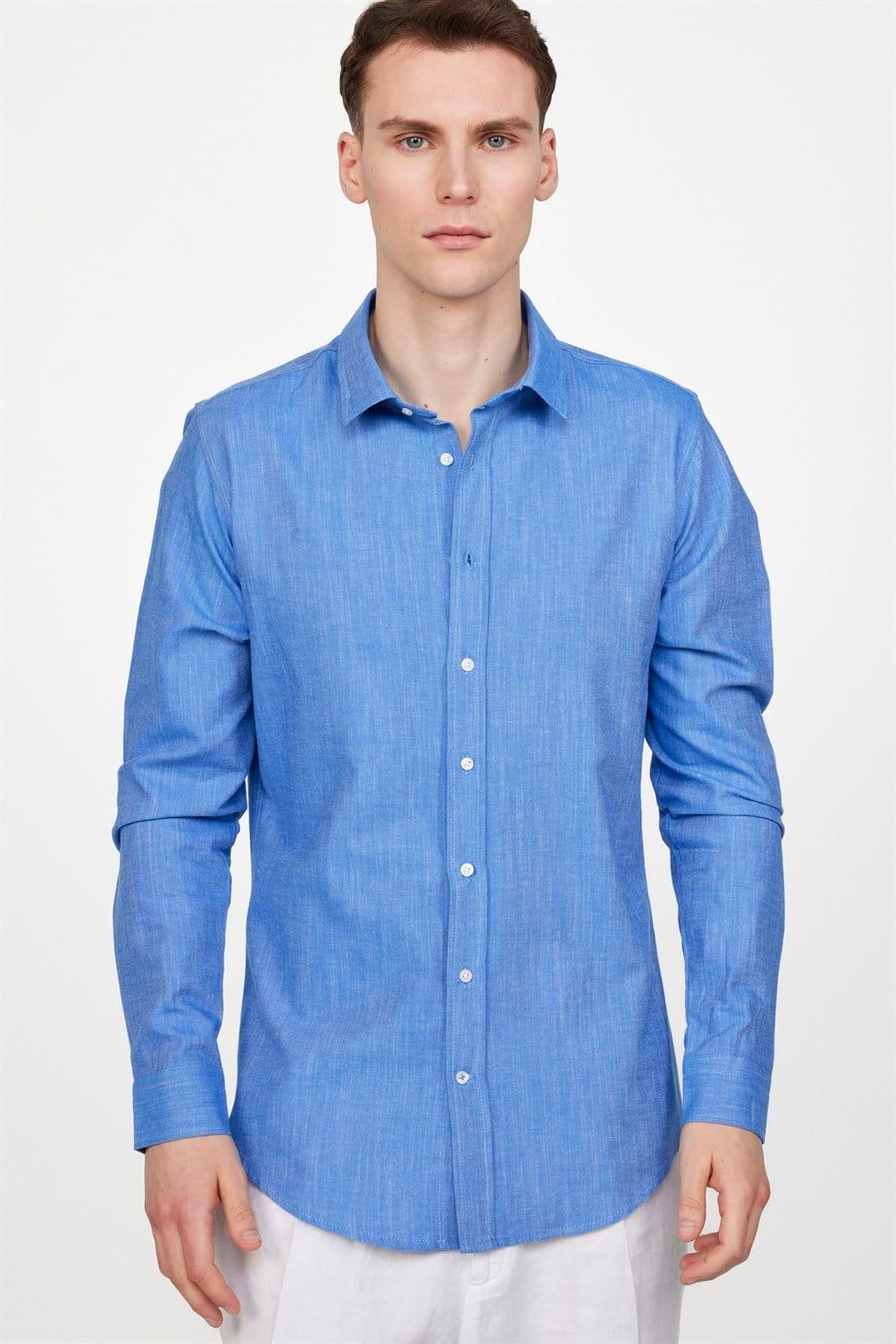 Slim Fit Uzun Kol Keten Efekt Düz Biyeli Gömlek