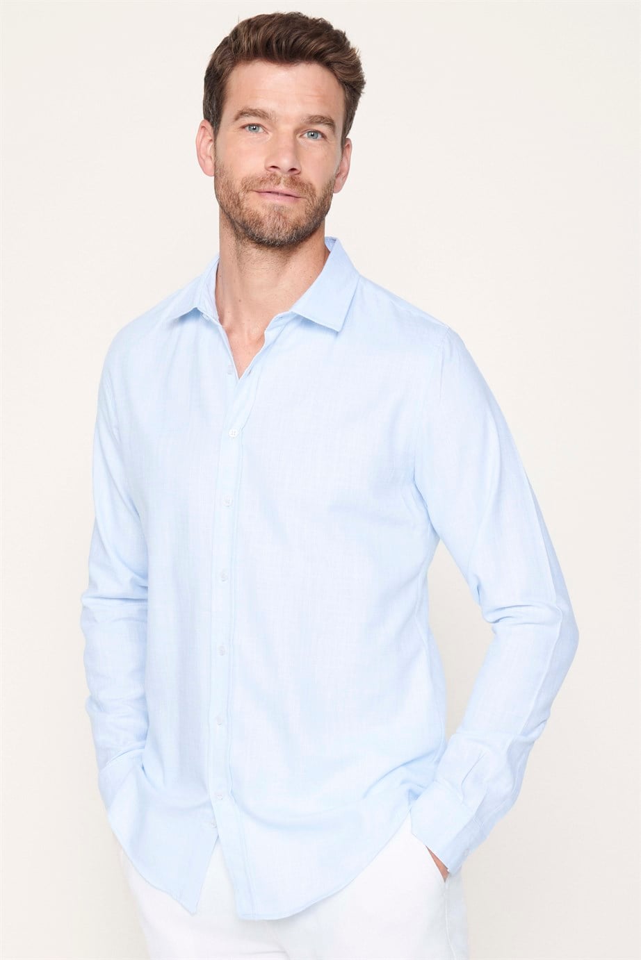 Slim Fit Pamuklu Keten Düz Yazlık Erkek Gömlek