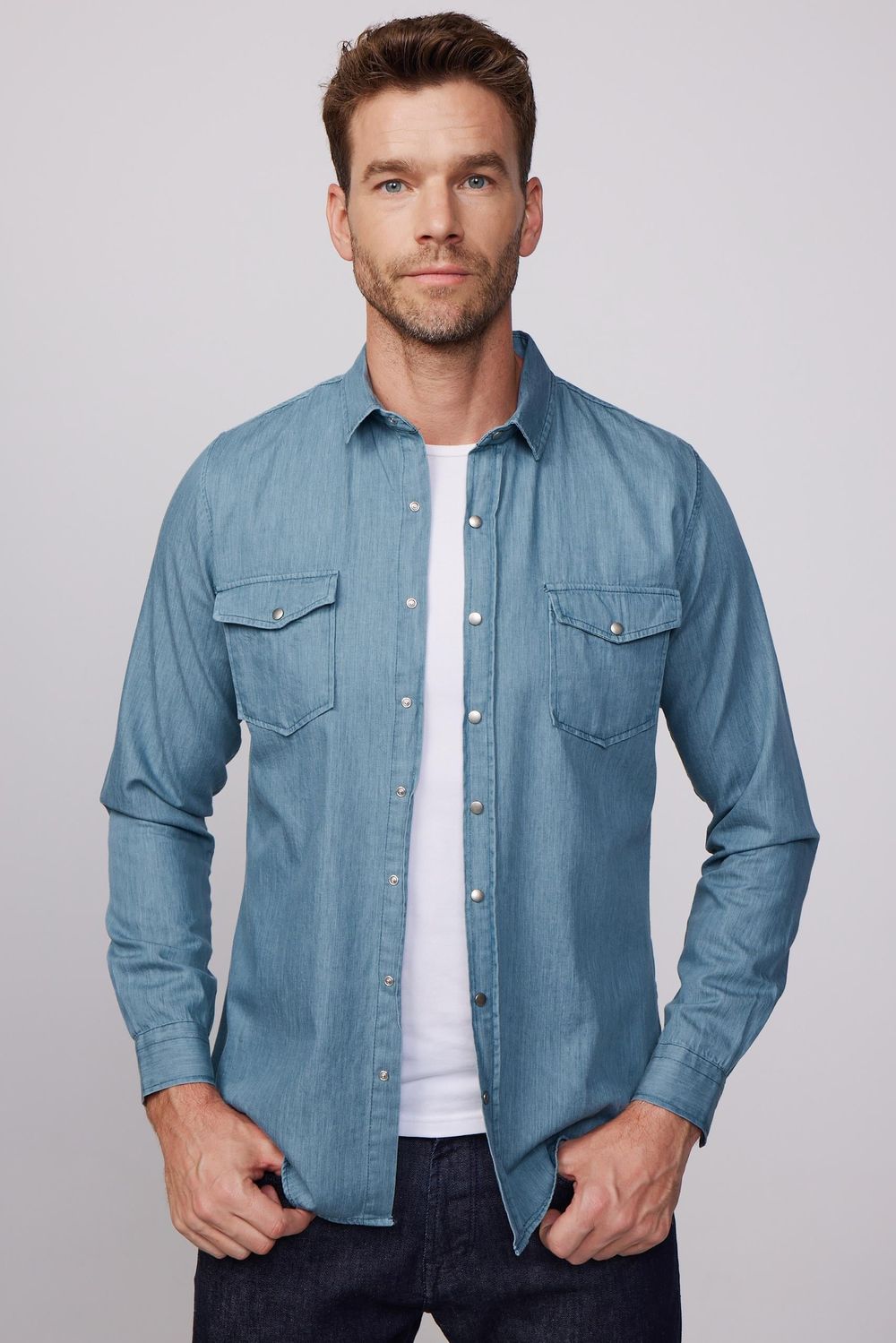 Slim Fit Uzun Kol Kot Çift Cep Çıtçıtlı Denim Petrol Rengi Erkek Gömlek