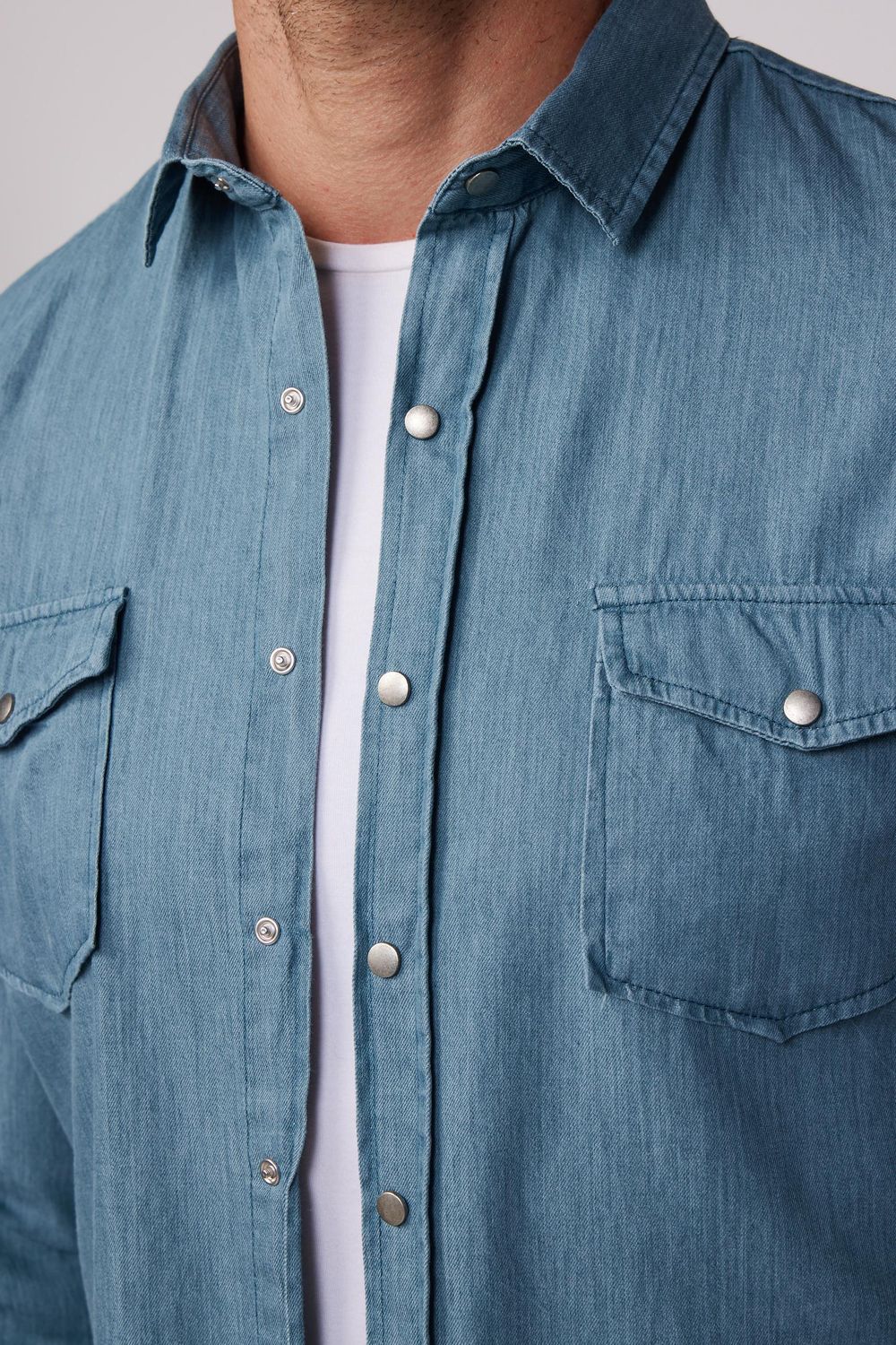 Slim Fit Uzun Kol Kot Çift Cep Çıtçıtlı Denim Petrol Rengi Erkek Gömlek