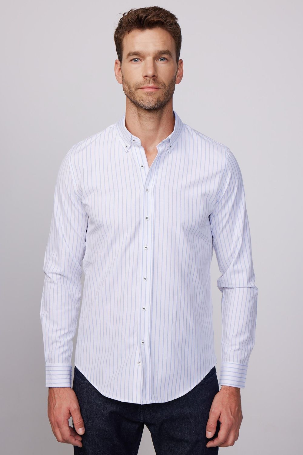 Slim Fit Uzun Kol Çizgili Yaka Düğmeli Erkek Gömlek