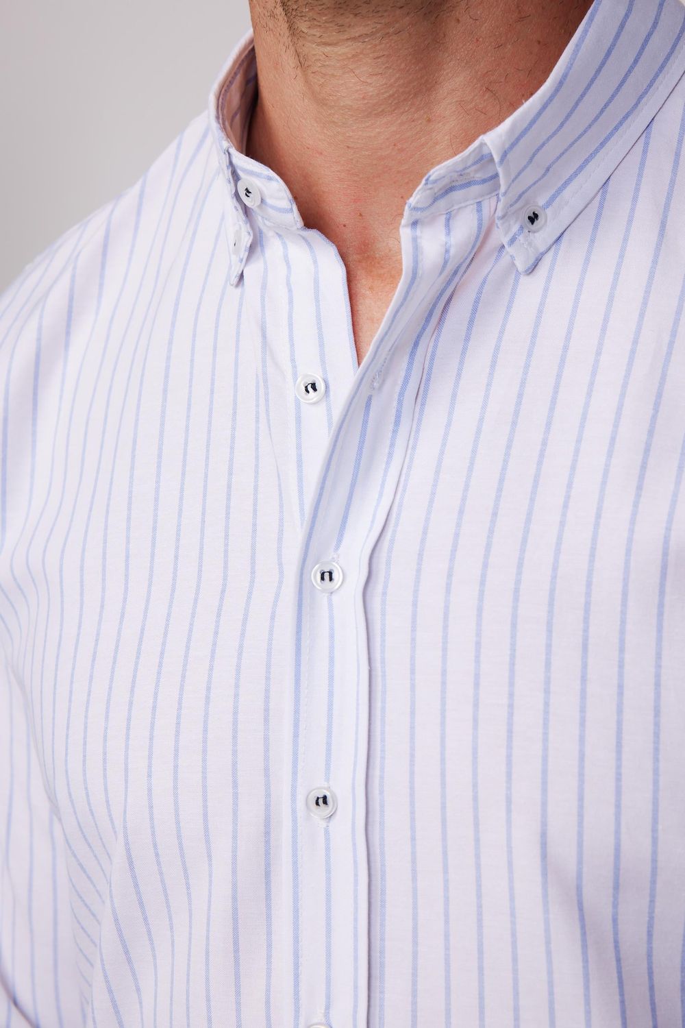 Slim Fit Uzun Kol Çizgili Yaka Düğmeli Erkek Gömlek