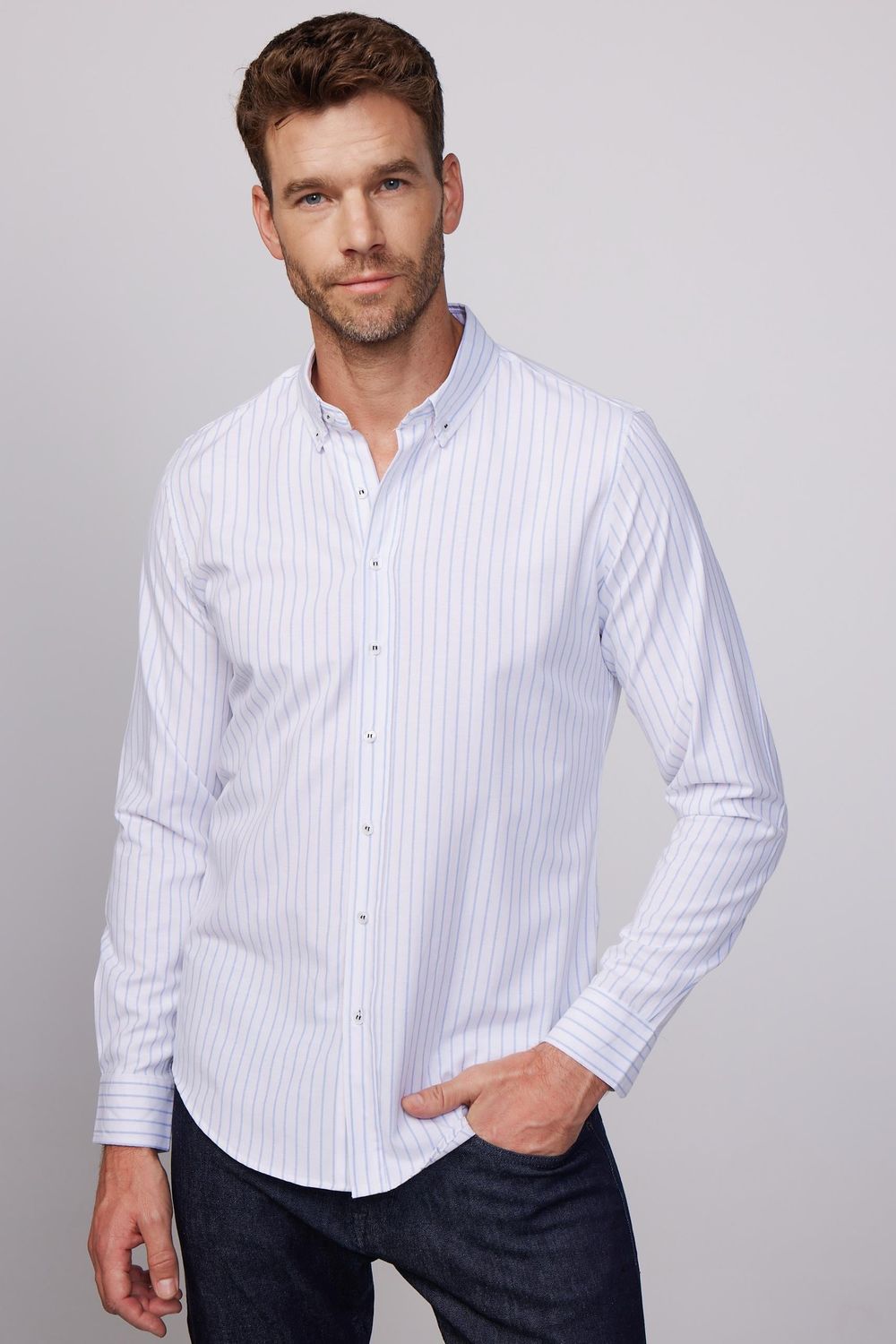 Slim Fit Uzun Kol Çizgili Yaka Düğmeli Erkek Gömlek
