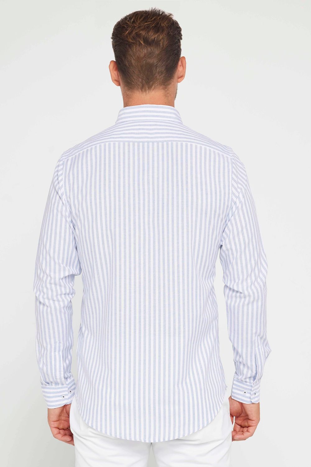 Slim Fit Uzun Kol Çizgili Yaka Düğmeli Erkek Gömlek