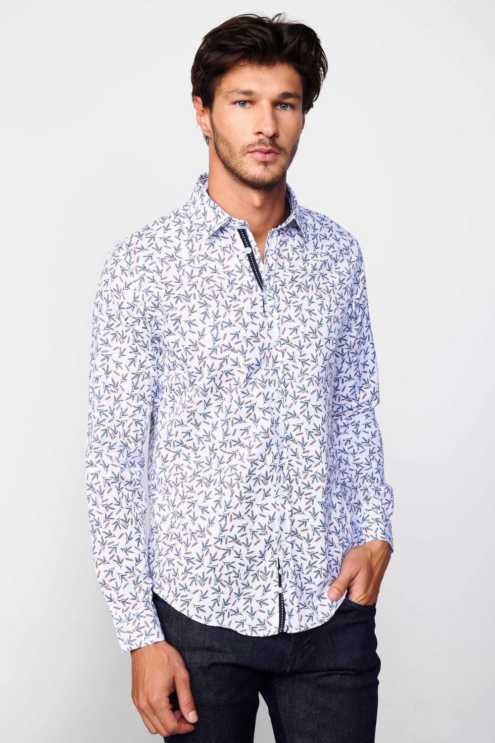 Slim Fit Dar Kesim Baskılı Oxford Doku Beyaz Erkek Gömlek