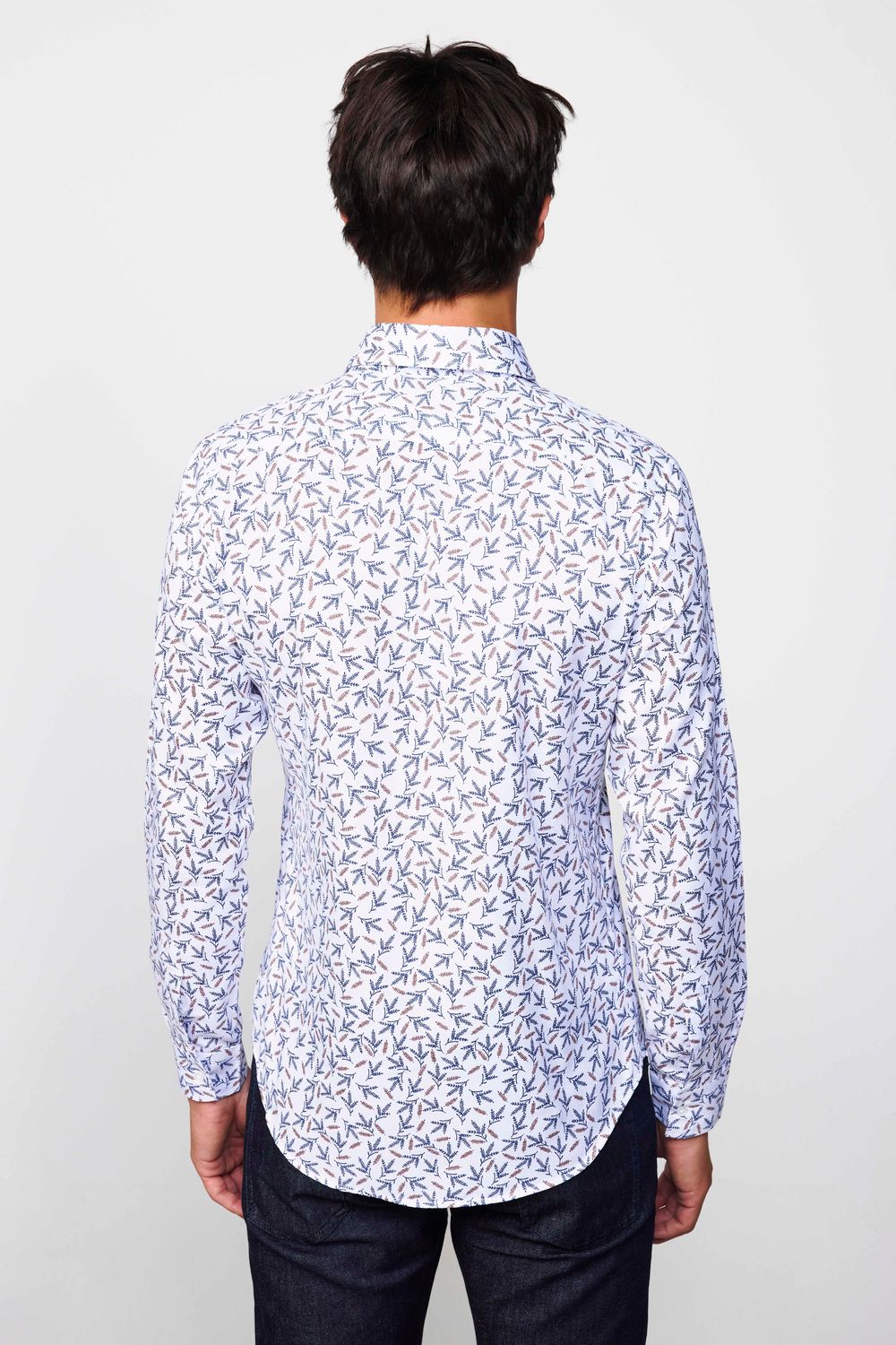 Slim Fit Dar Kesim Baskılı Oxford Doku Beyaz Erkek Gömlek