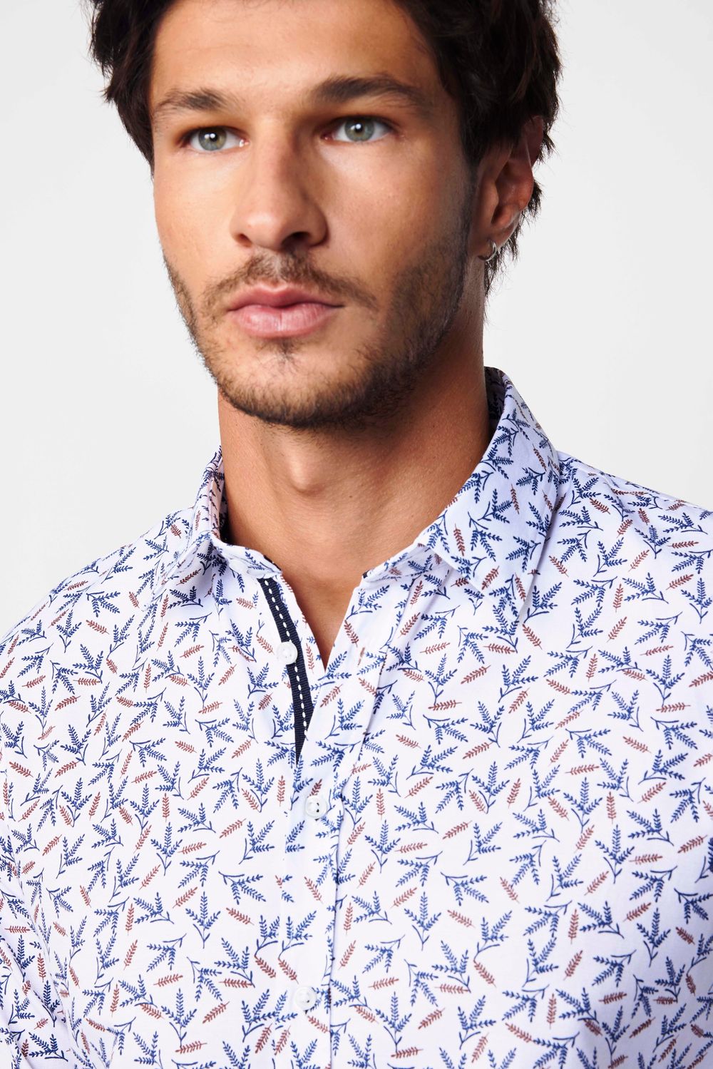Slim Fit Dar Kesim Baskılı Oxford Doku Beyaz Erkek Gömlek